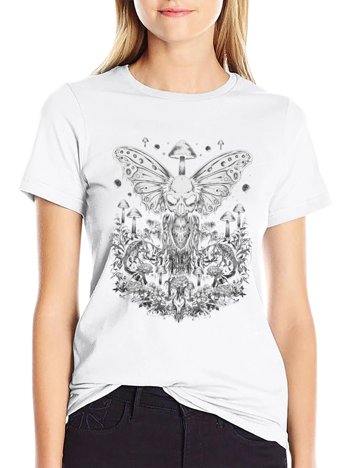 Skull Butterfly Mushroom Graphic Tee