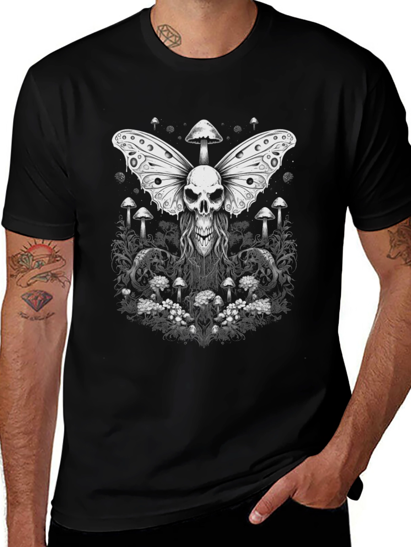 Skull Butterfly Mushroom Graphic Tee