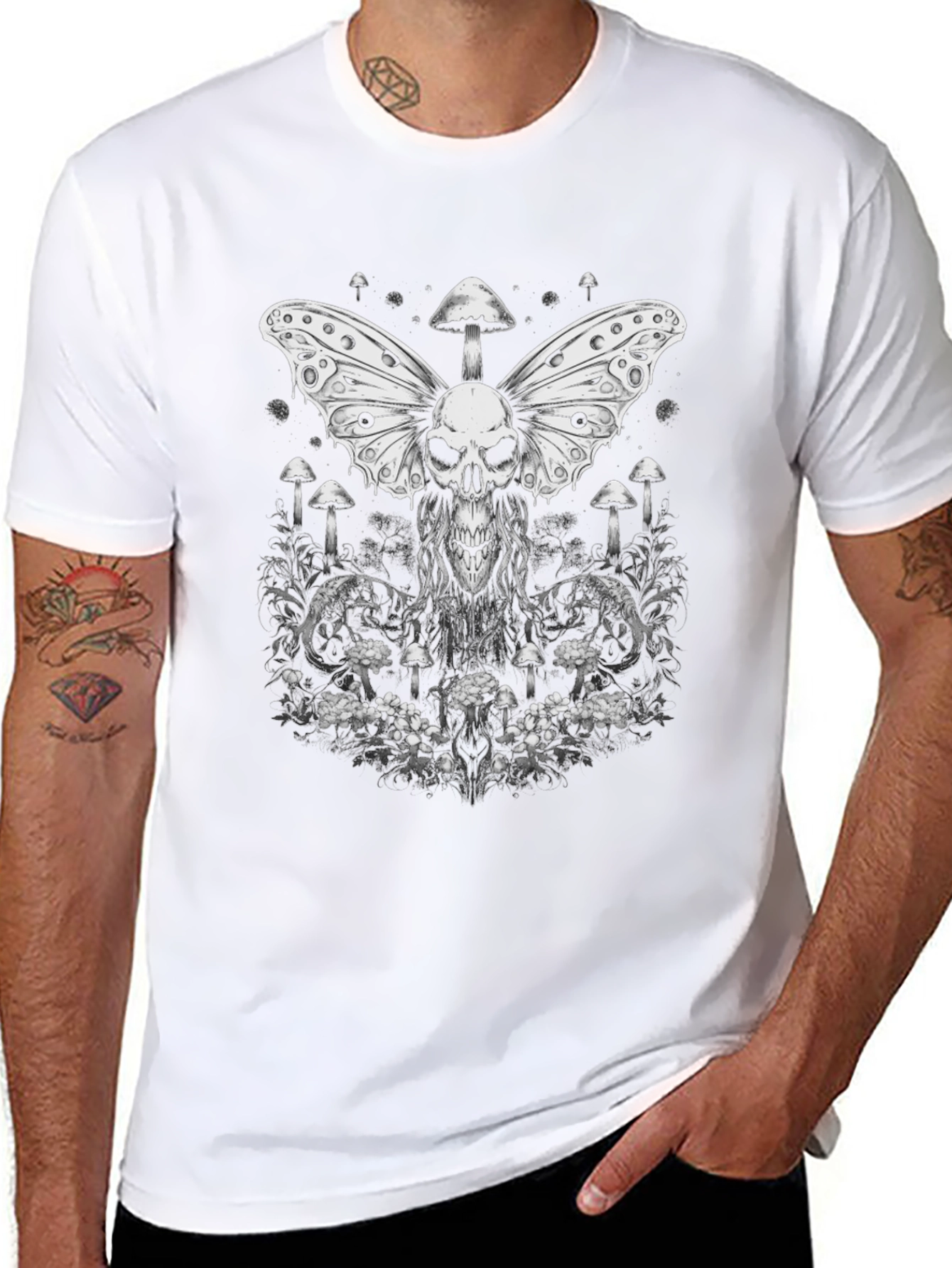 Skull Butterfly Mushroom Graphic Tee