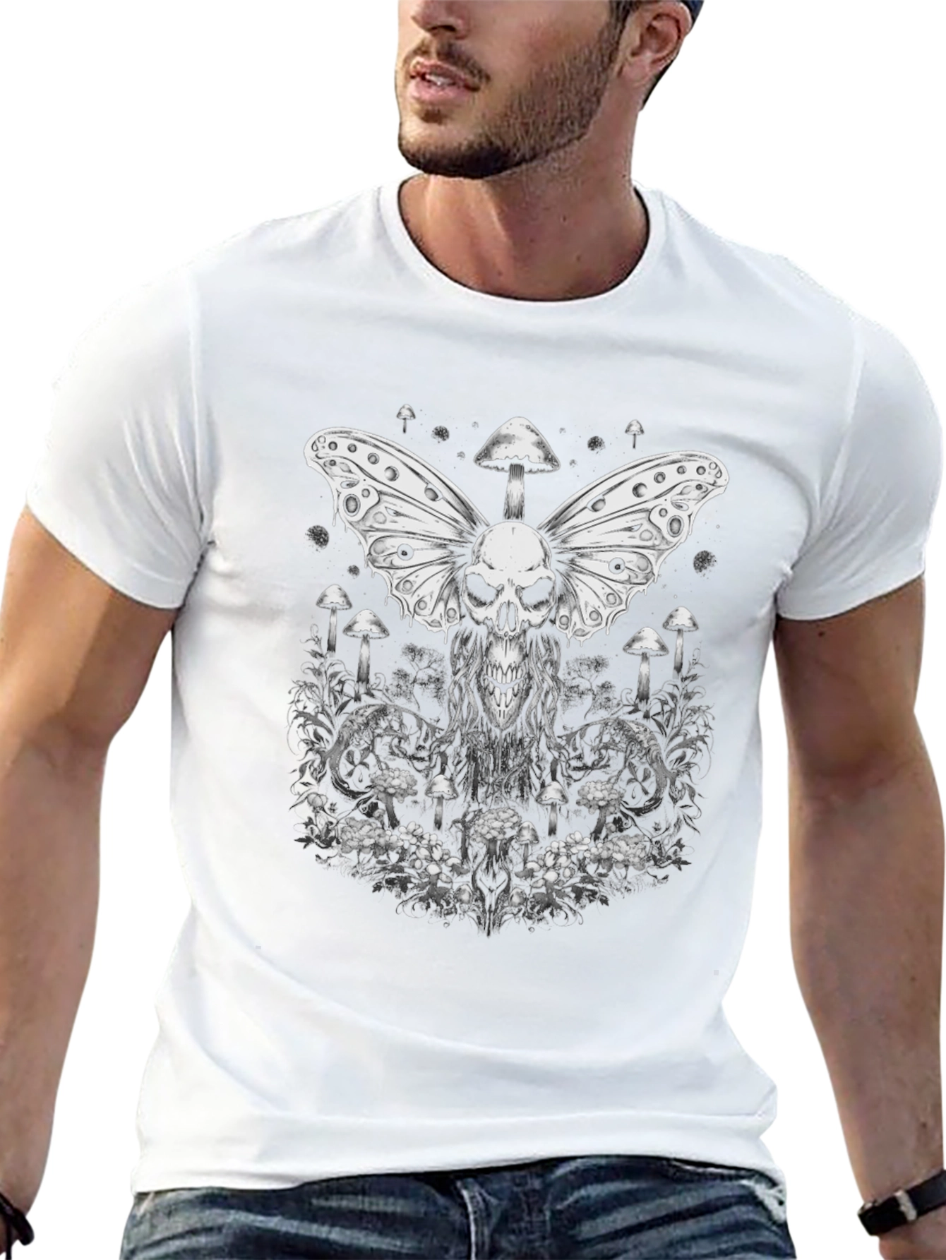 Skull Butterfly Mushroom Graphic Tee