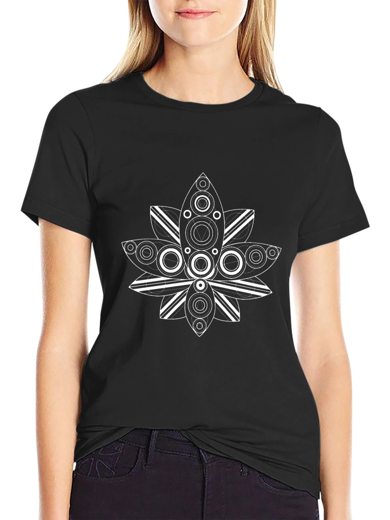 Abstract Lotus Graphic Tee - Black Cotton Casual Wear