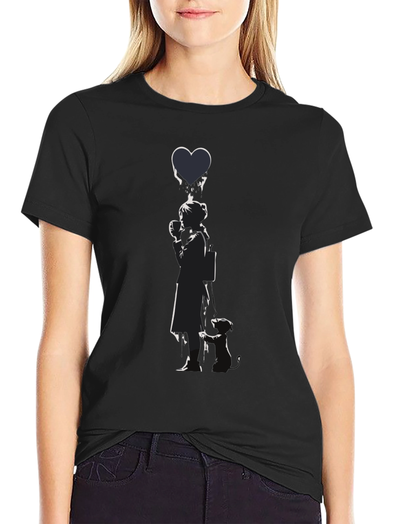 Banksy Girl Heart Balloon Graphic Tee - Classic Black