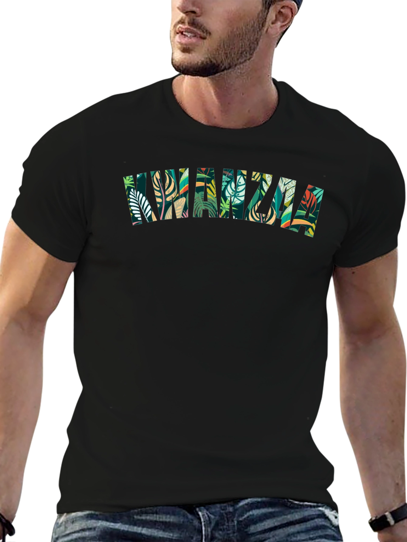 Kwanzaa Leaf Print Tee - Black Cotton Casual Shirt