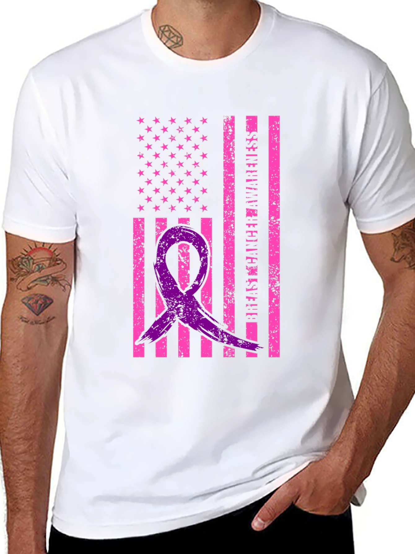 Breast Cancer Awareness Ribbon USA Flag Graphic Tee