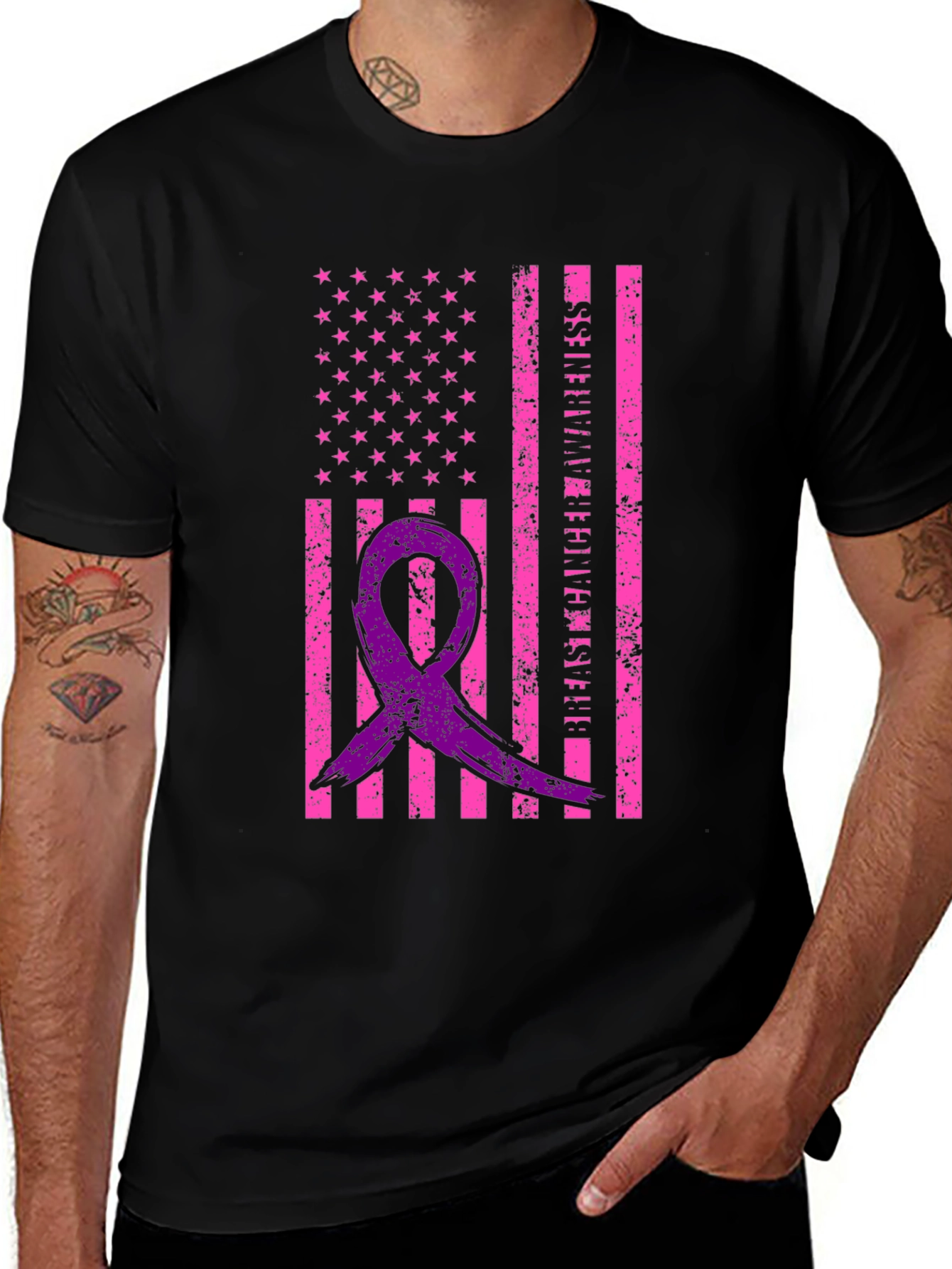 Breast Cancer Awareness Ribbon USA Flag Graphic Tee