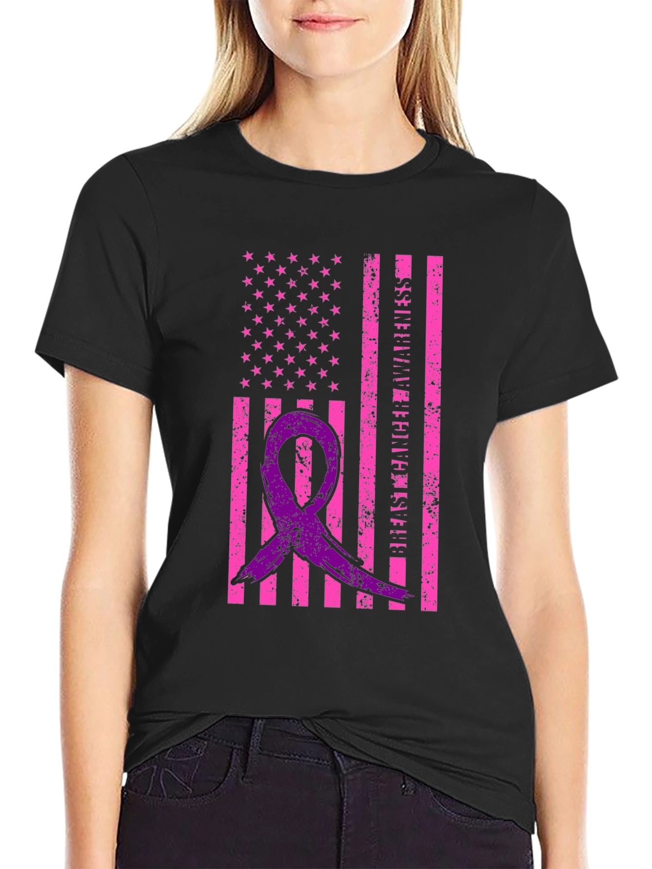 Breast Cancer Awareness Ribbon USA Flag Graphic Tee