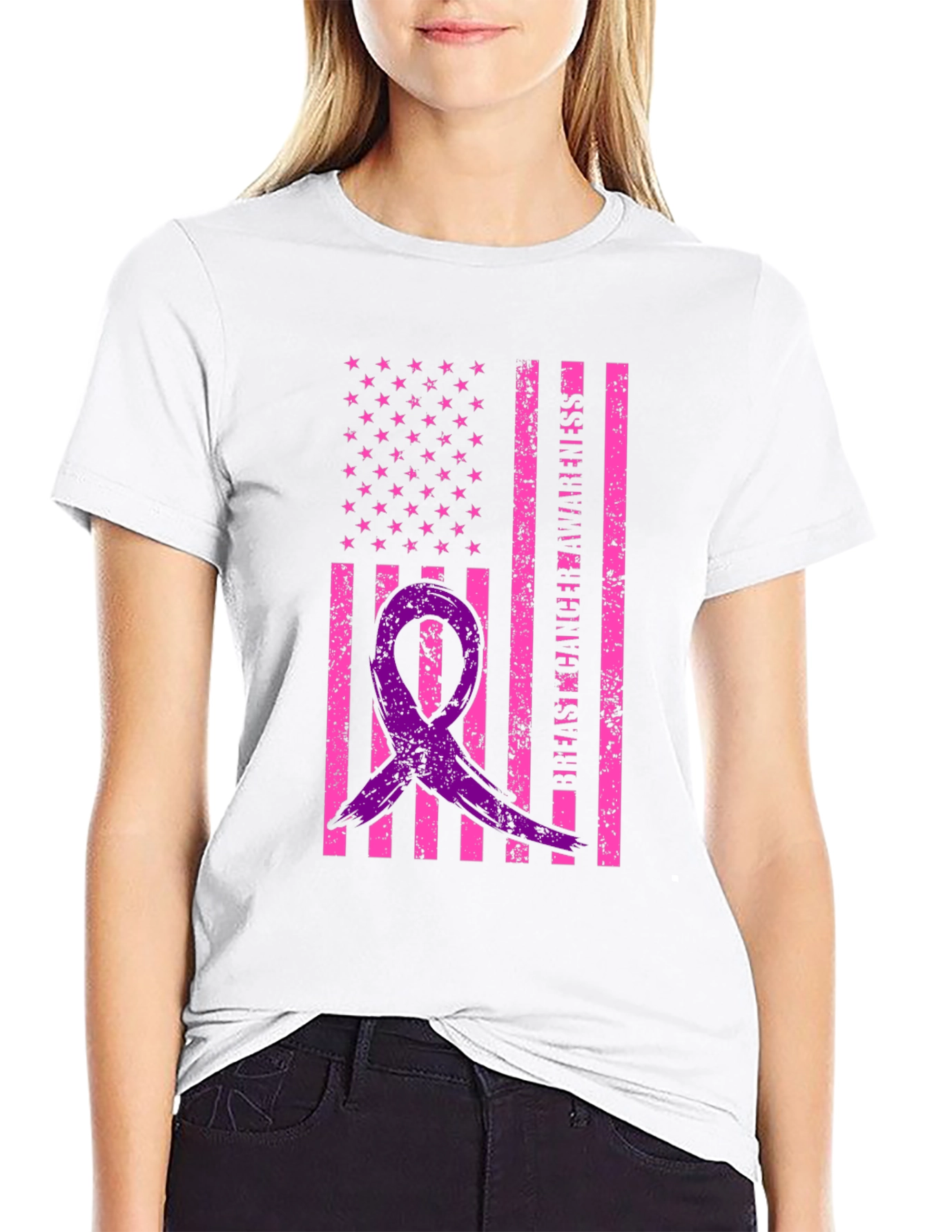 Breast Cancer Awareness Ribbon USA Flag Graphic Tee