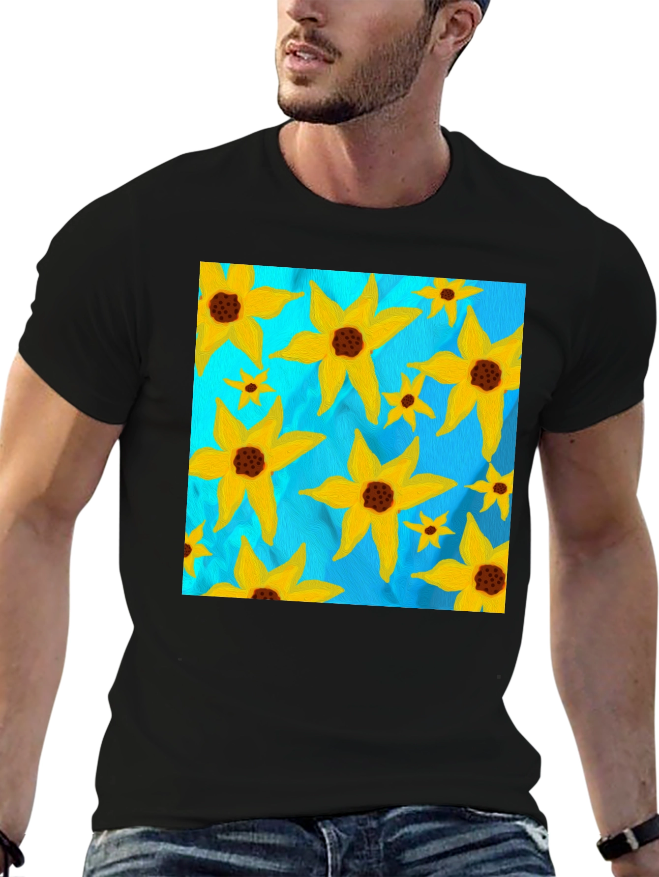 Floral Sun Graphic Tee - Black Casual T-Shirt