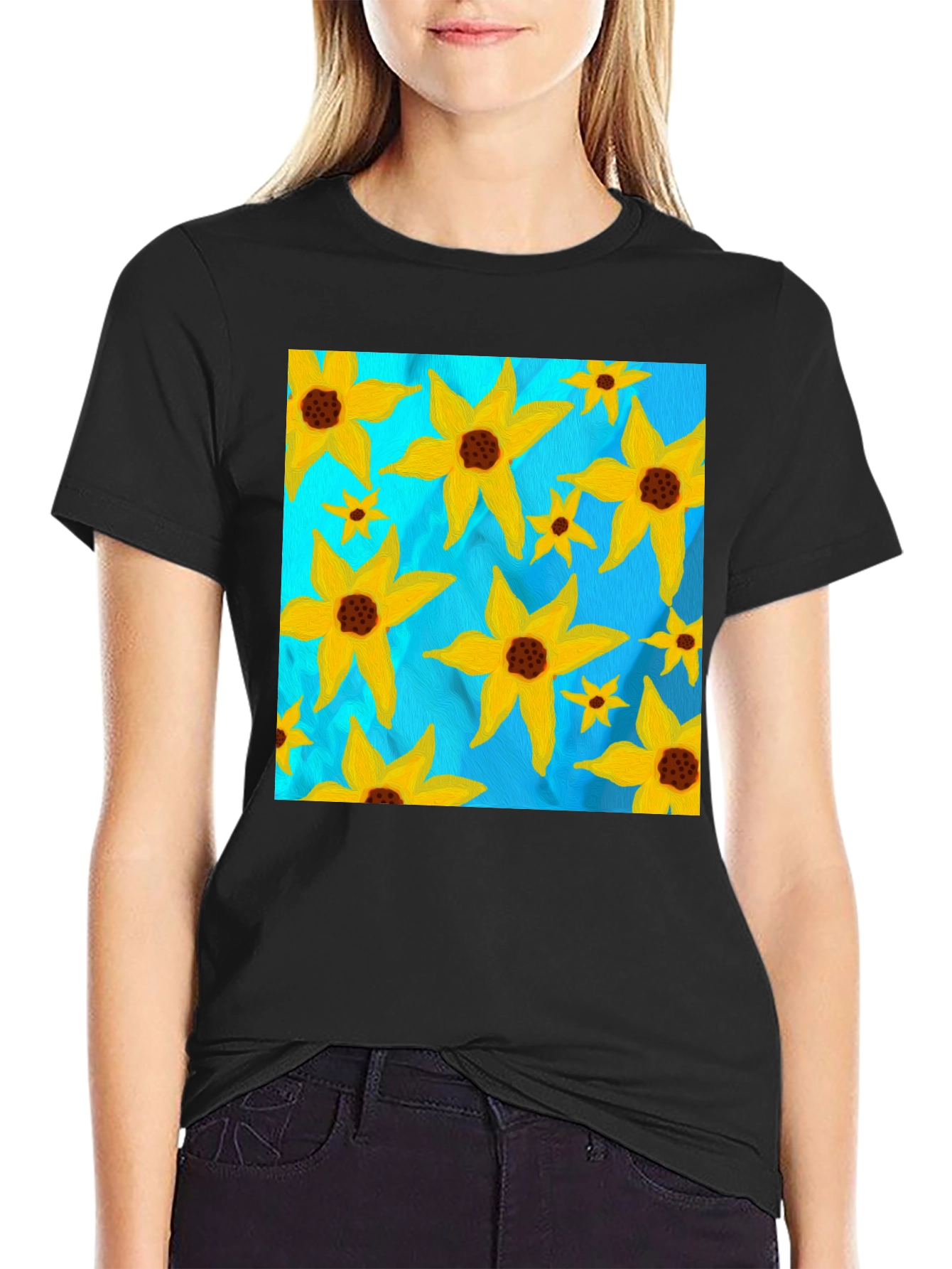 Floral Sun Graphic Tee - Black Casual T-Shirt