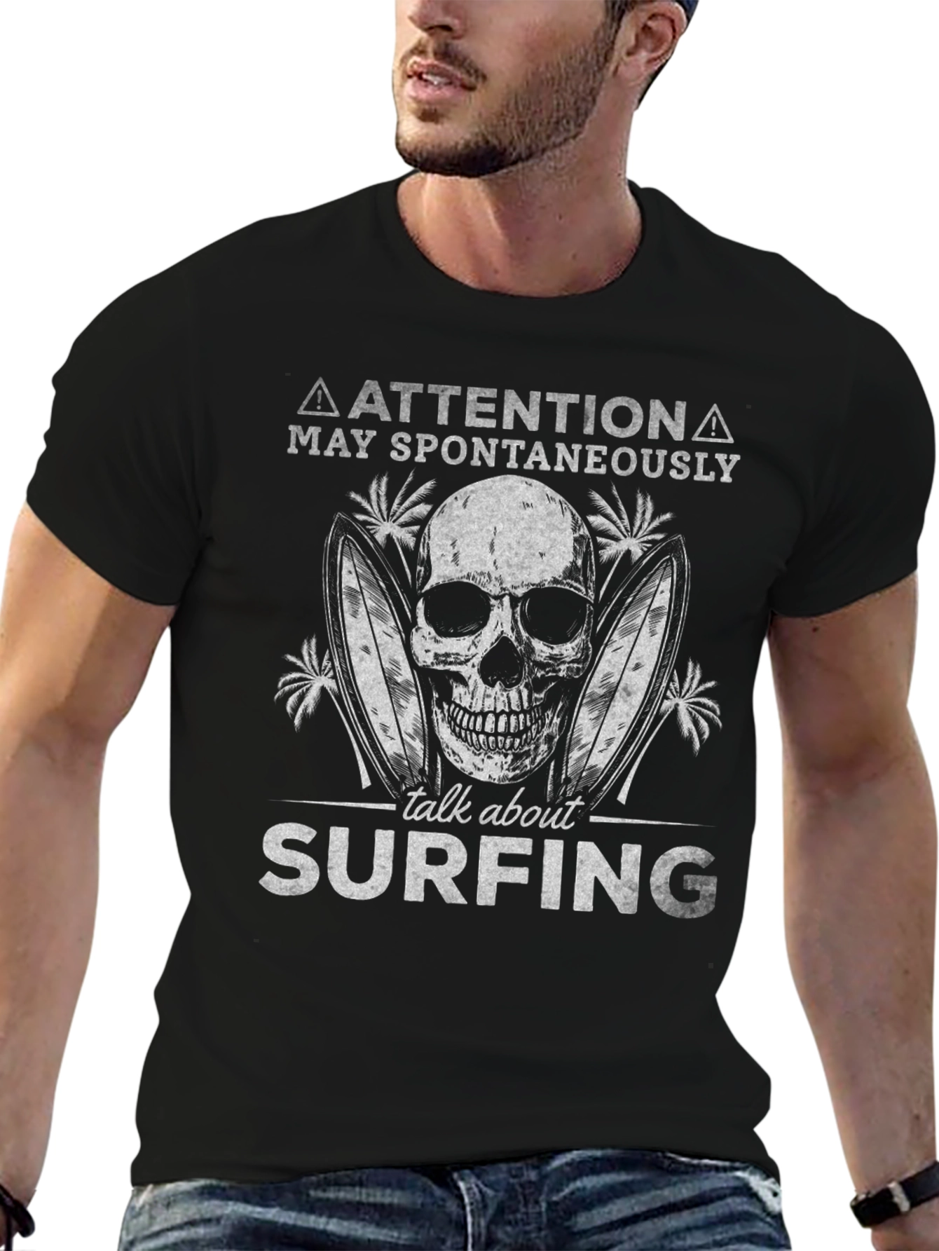 Attention Surfing Skull Graphic T-Shirt