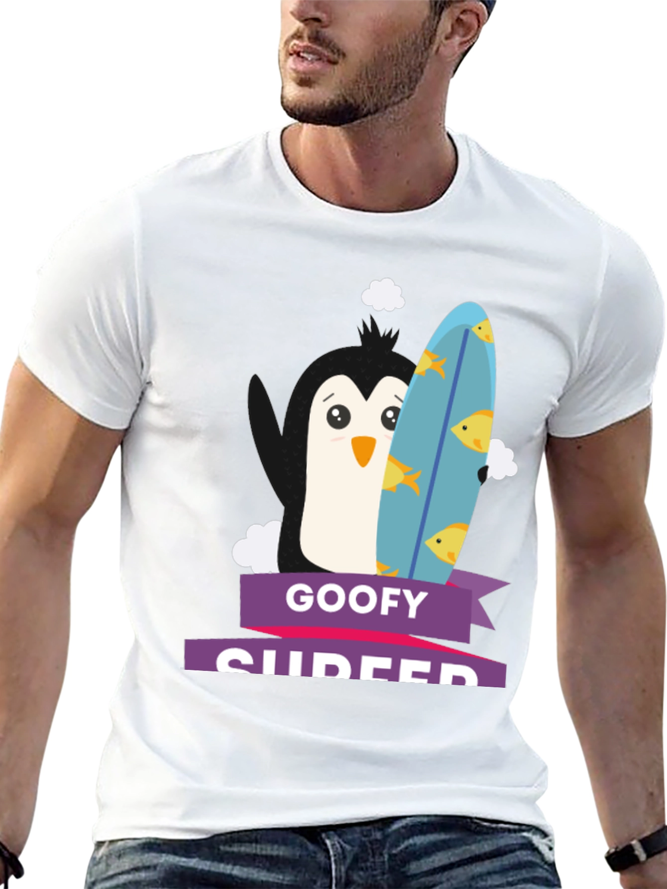 Goofy Surfer Penguin Graphic Tee