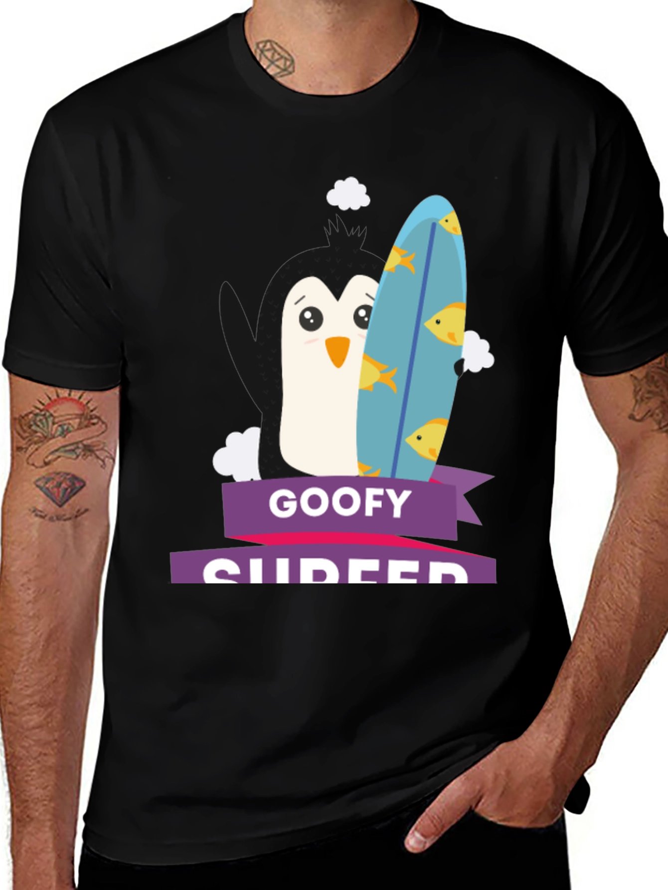 Goofy Surfer Penguin Graphic Tee