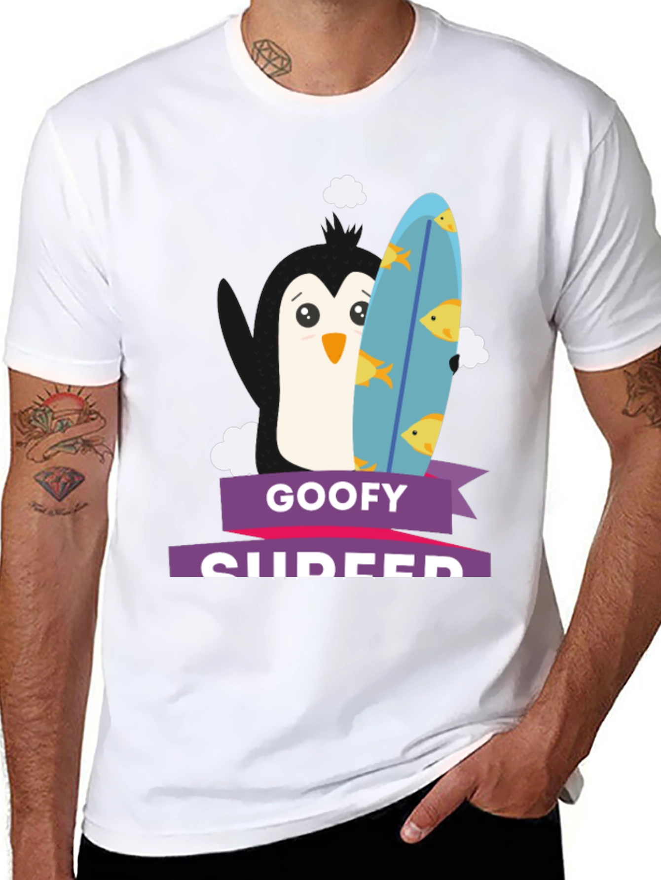 Goofy Surfer Penguin Graphic Tee