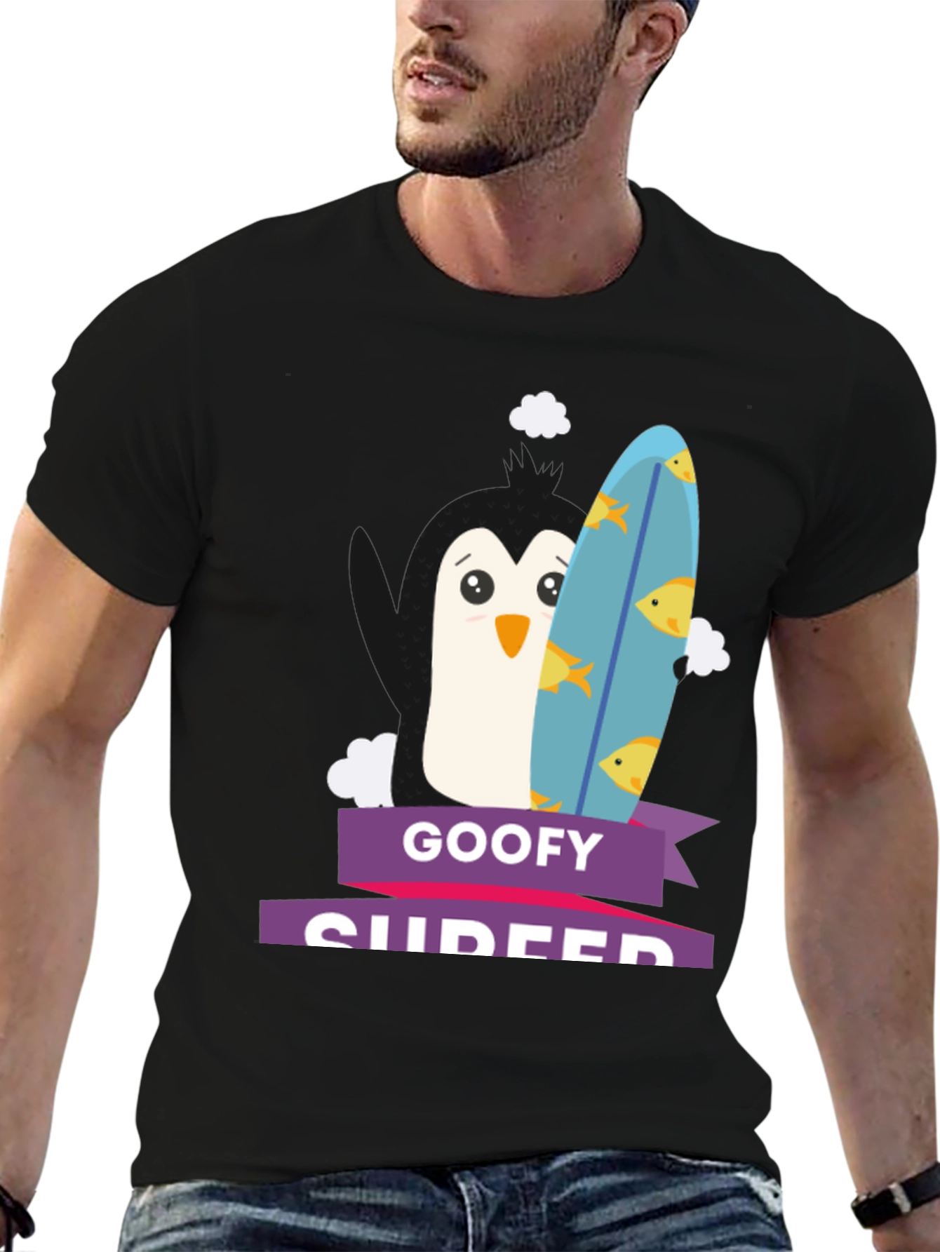 Goofy Surfer Penguin Graphic Tee