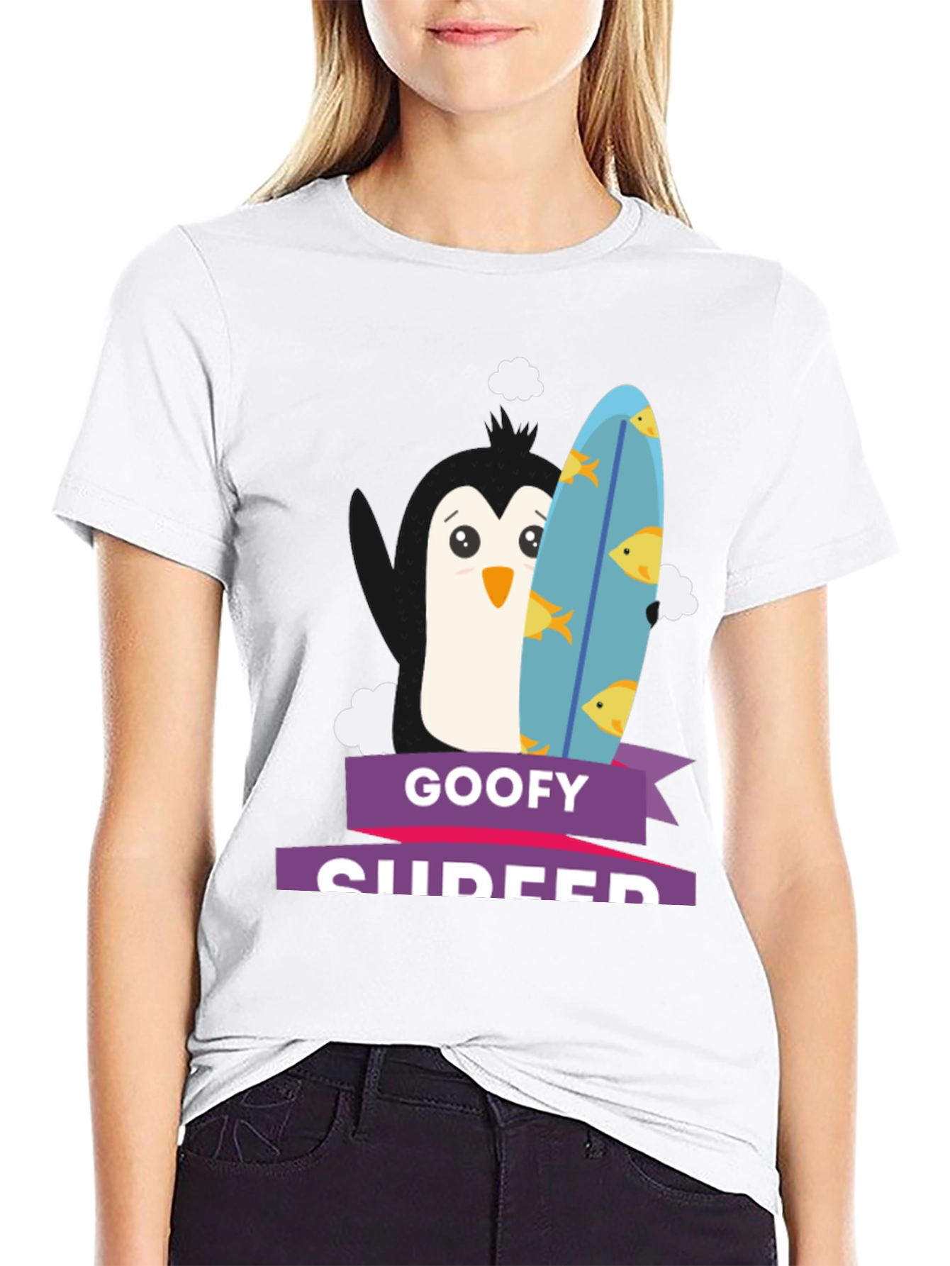 Goofy Surfer Penguin Graphic Tee