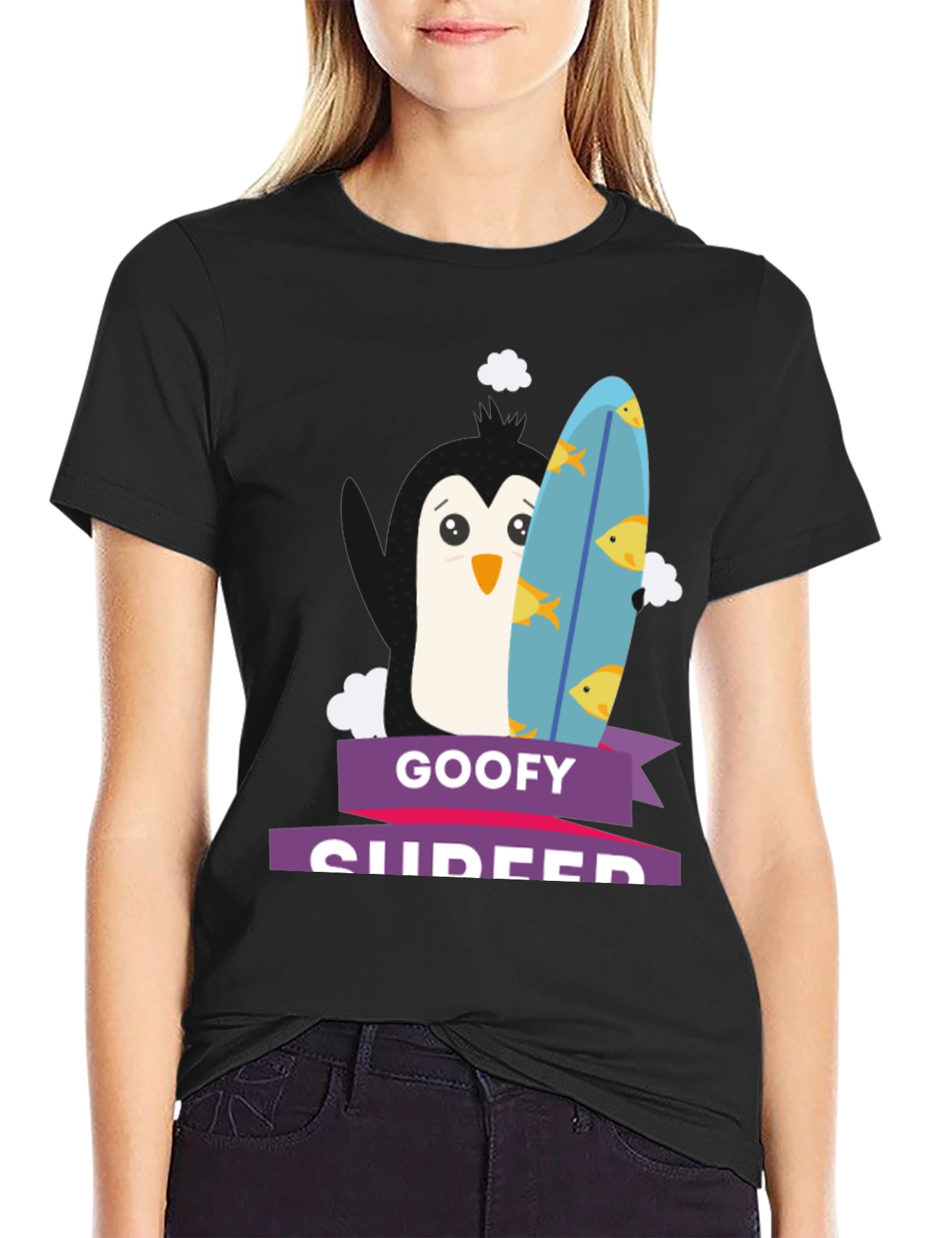 Goofy Surfer Penguin Graphic Tee