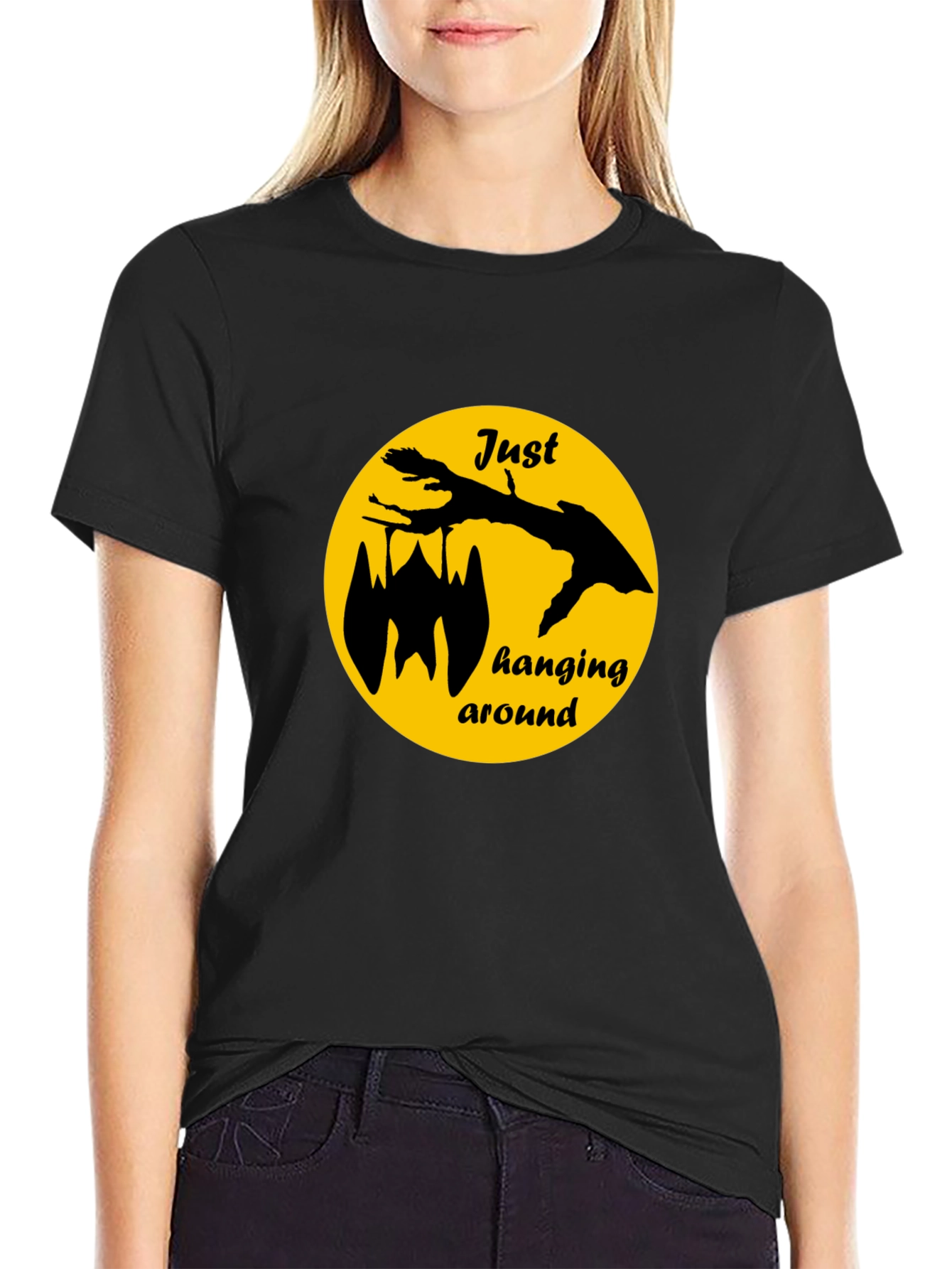 Just Hanging Around Bat Graphic Tee - Black