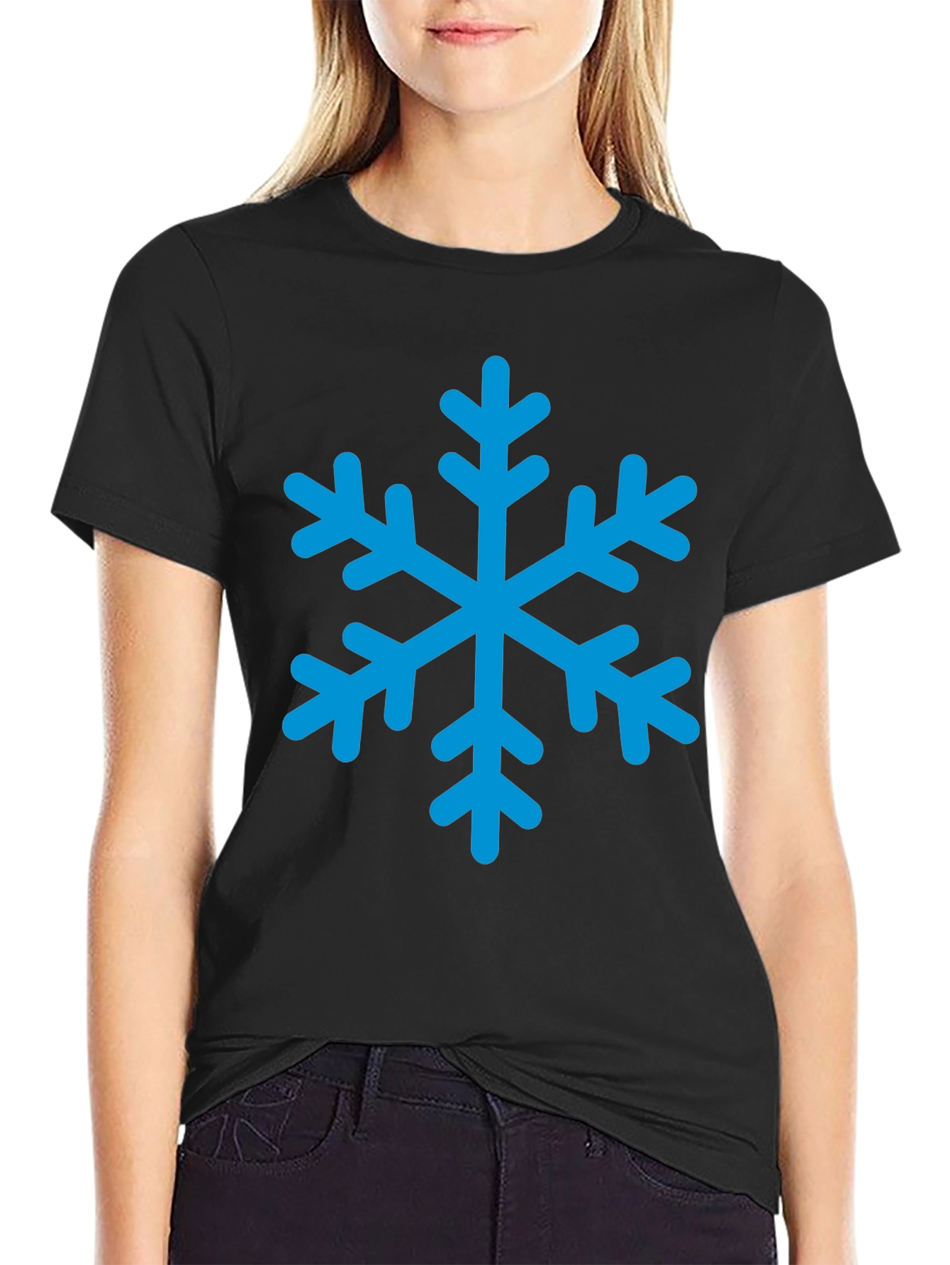 Black T-Shirt with Blue Snowflake Graphic