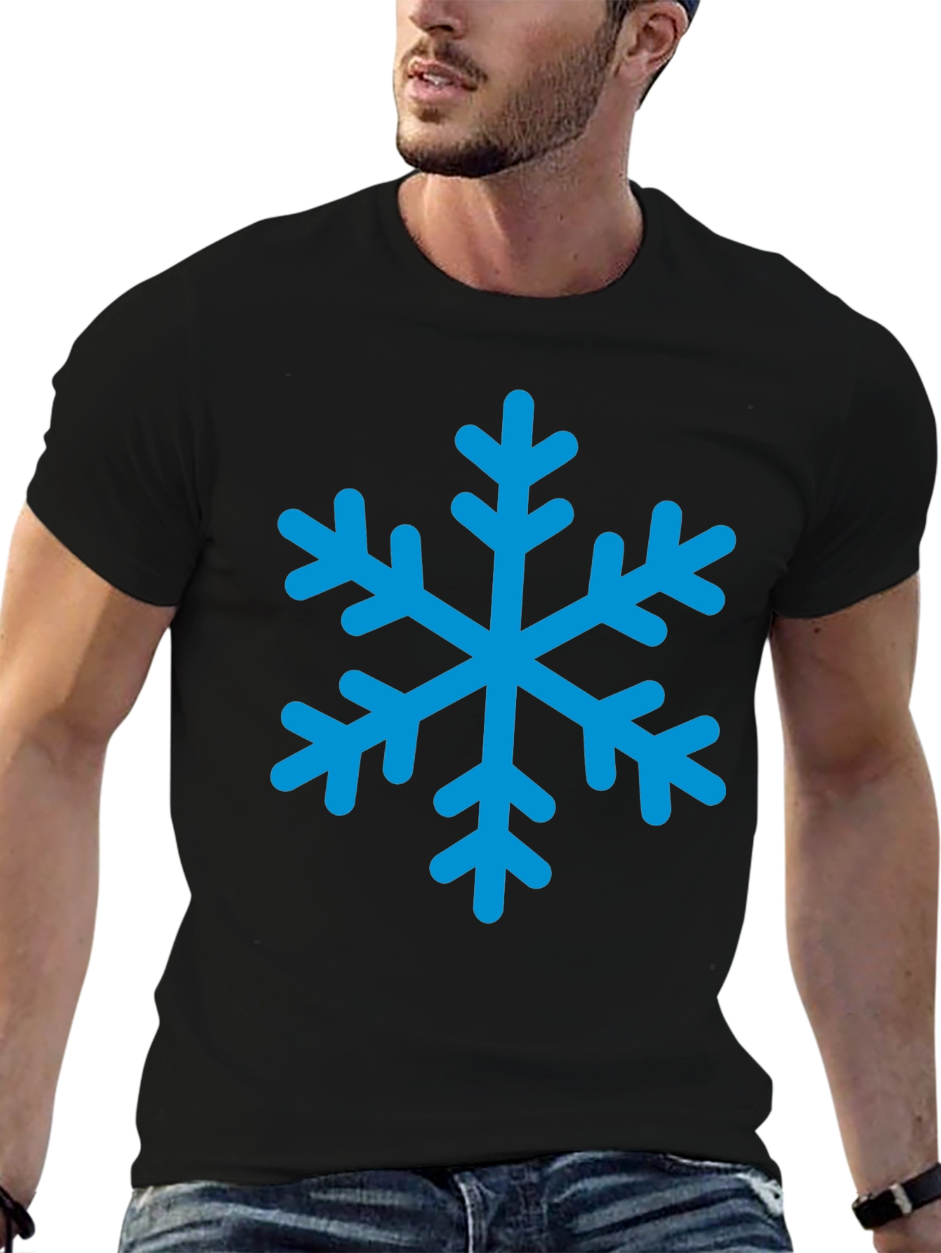 Black T-Shirt with Blue Snowflake Graphic
