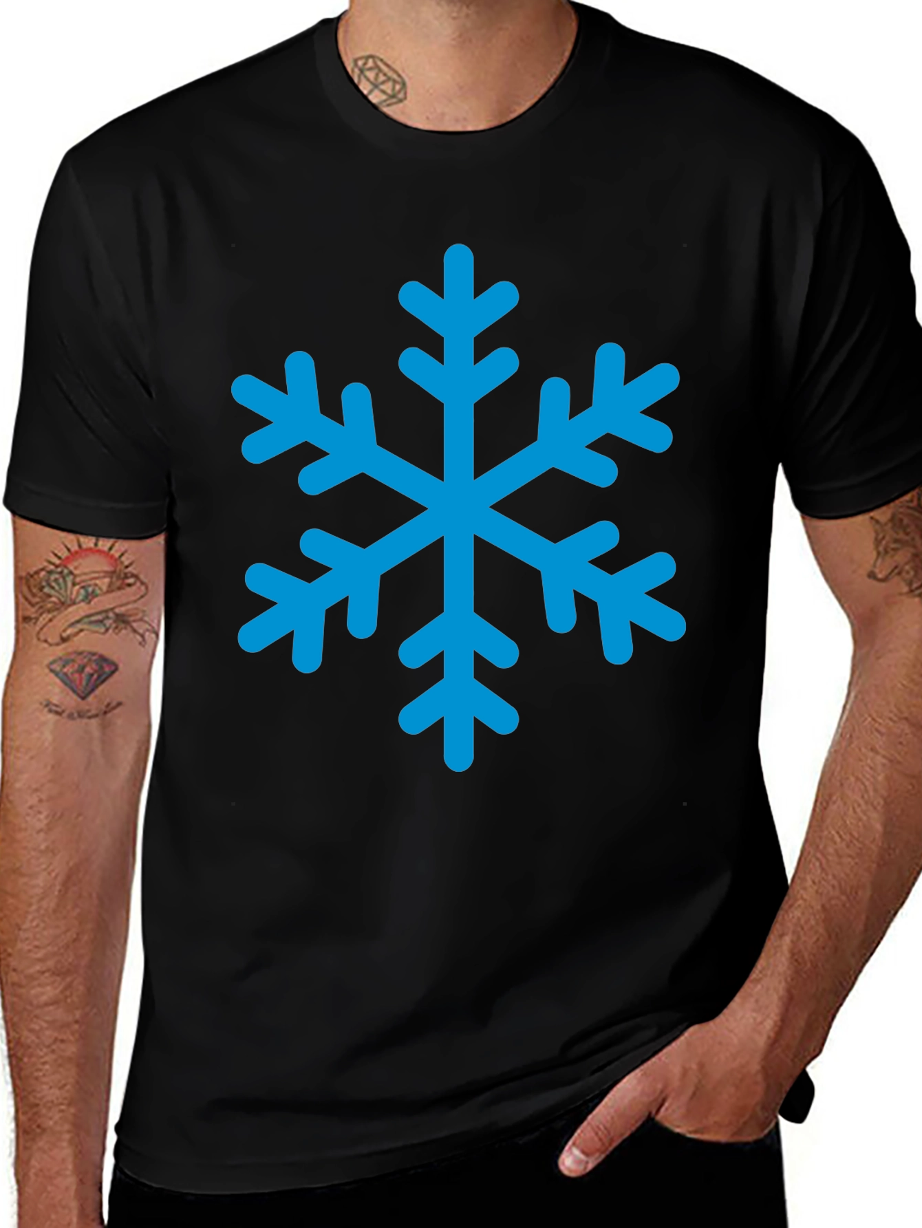 Black T-Shirt with Blue Snowflake Graphic