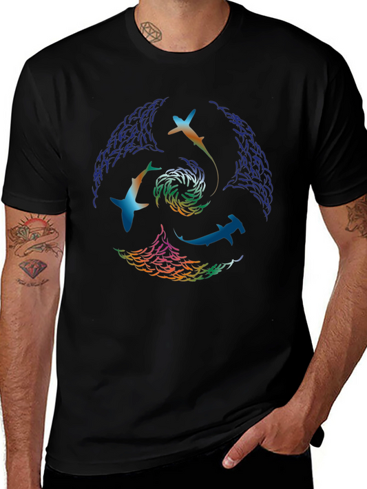 Abstract Shark Swirl Graphic Tee - Black