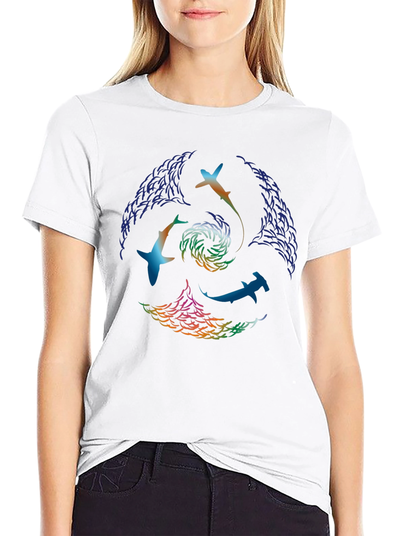 Abstract Shark Swirl Graphic Tee - Black