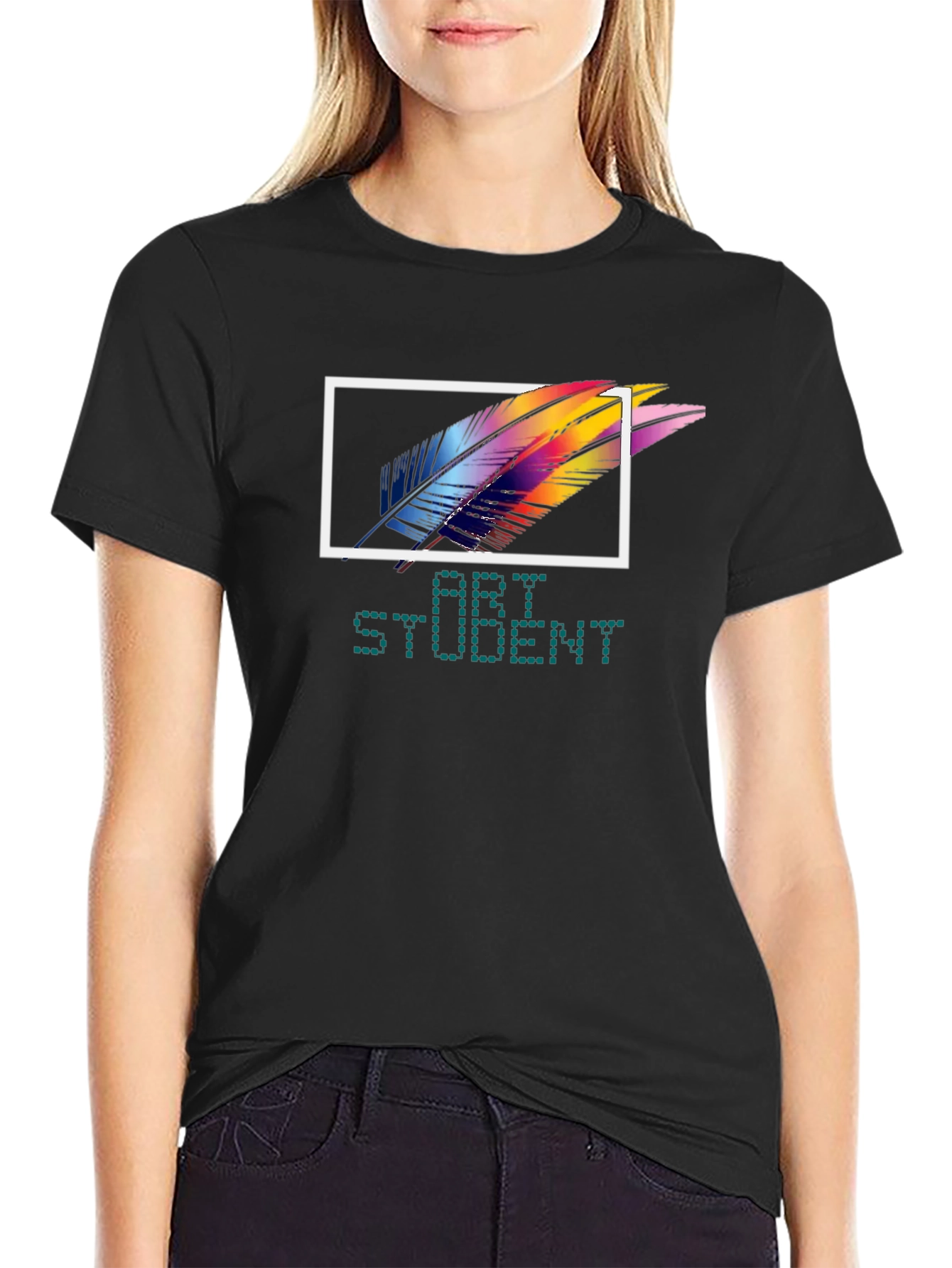 Art Student Feather Graphic T-Shirt - Black