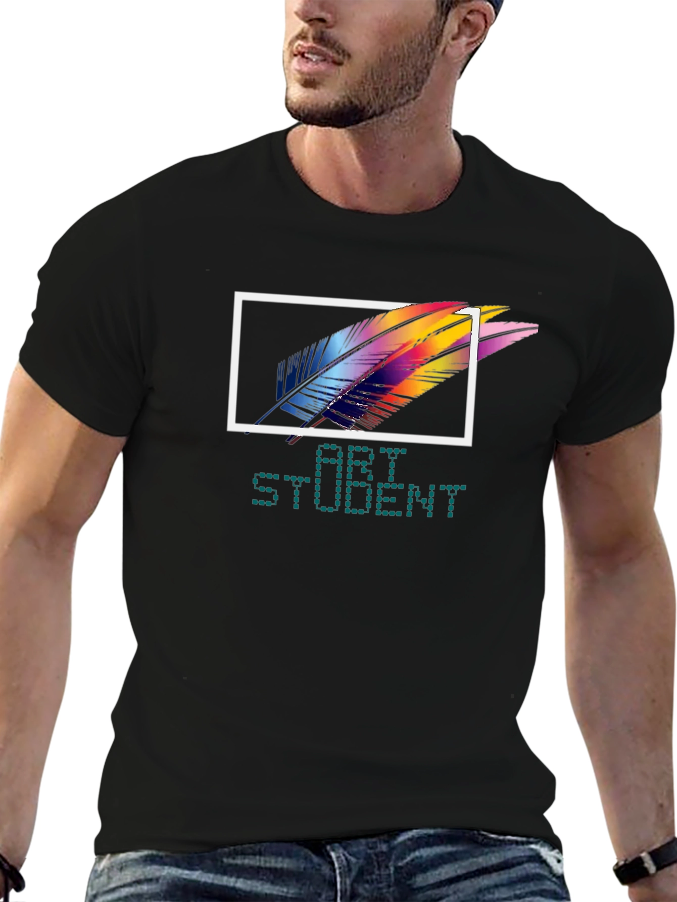 Art Student Feather Graphic T-Shirt - Black