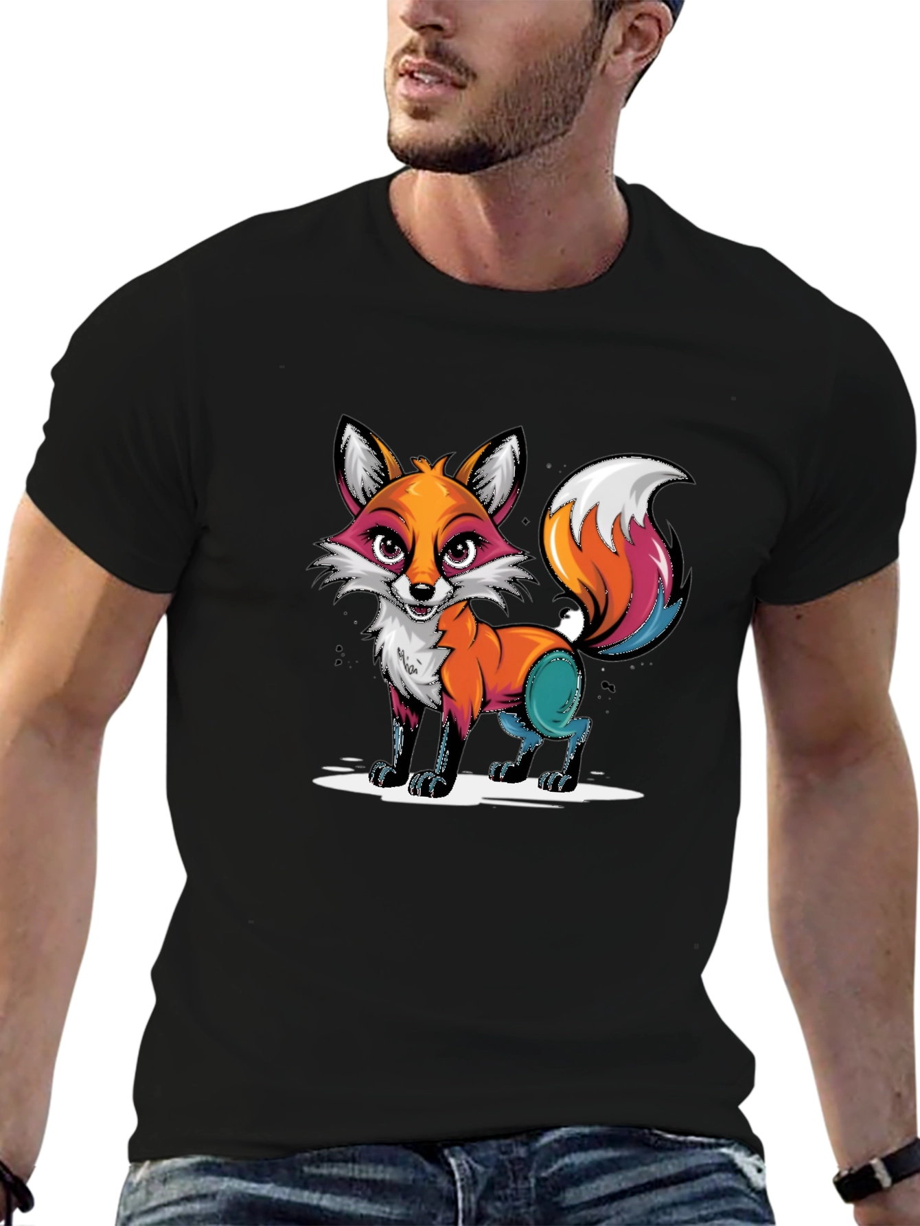 Cartoon Fox Graphic Tee - Black T-Shirt