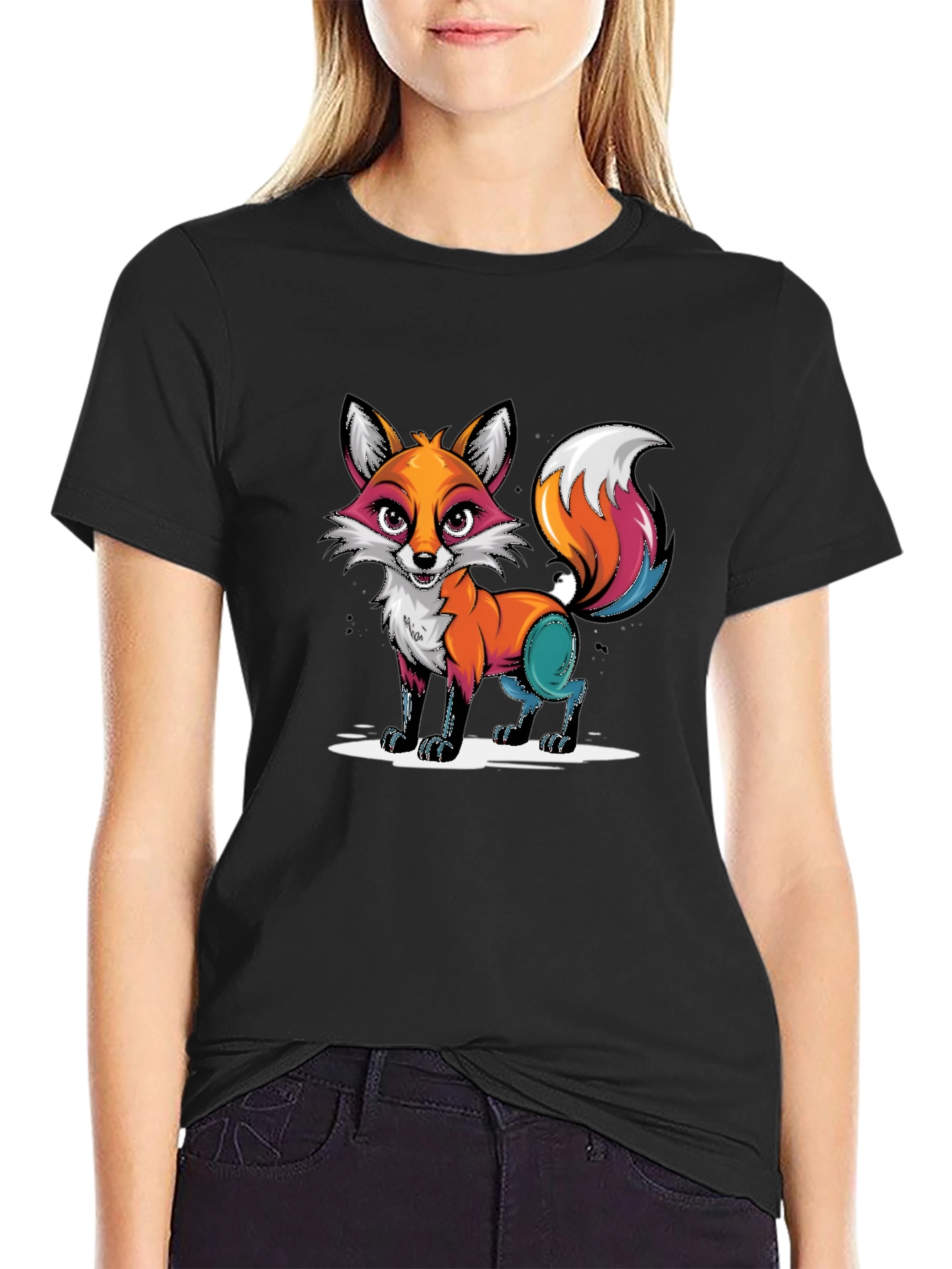Cartoon Fox Graphic Tee - Black T-Shirt