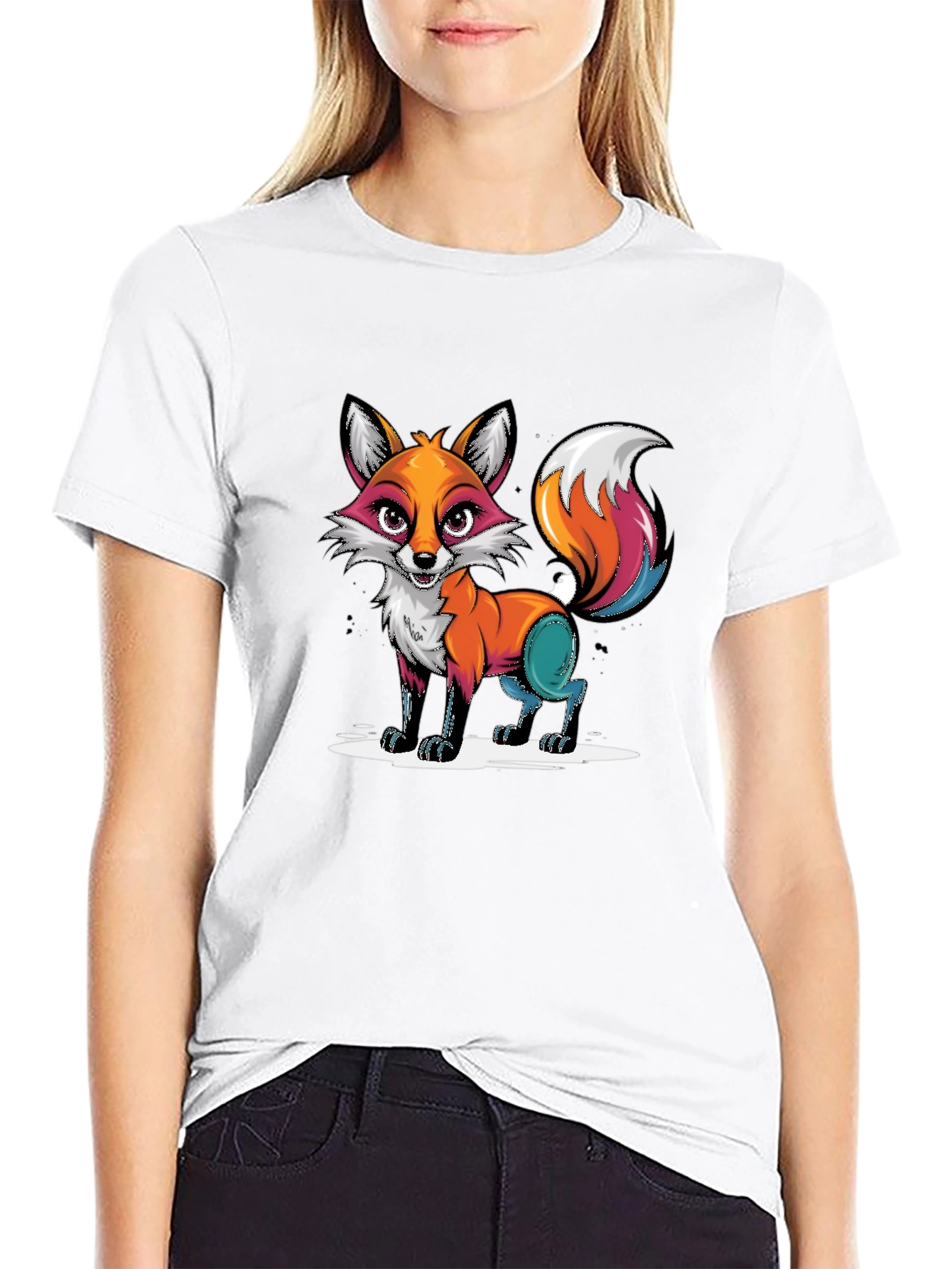 Cartoon Fox Graphic Tee - Black T-Shirt