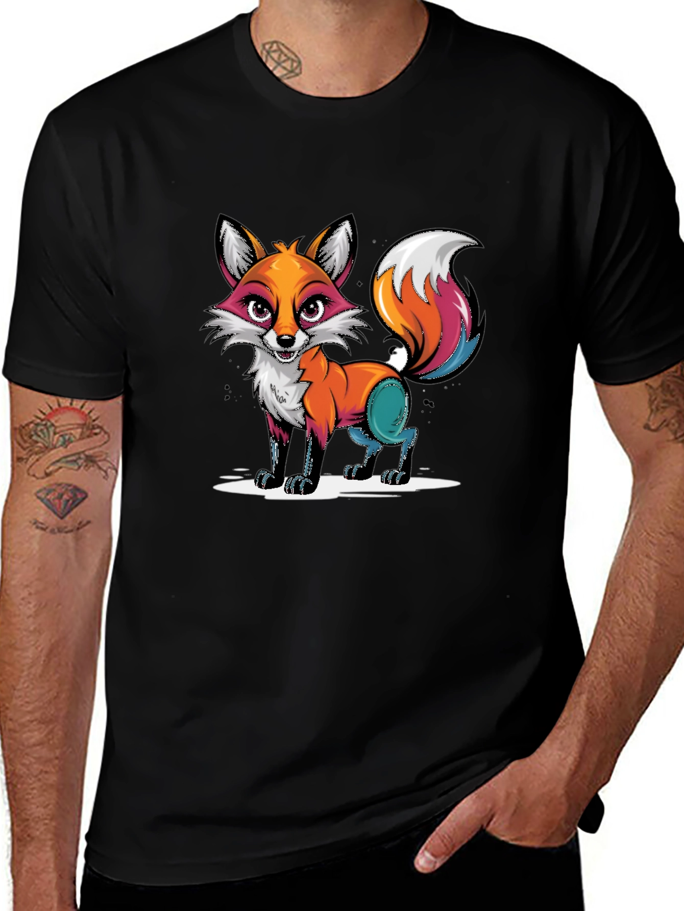 Cartoon Fox Graphic Tee - Black T-Shirt