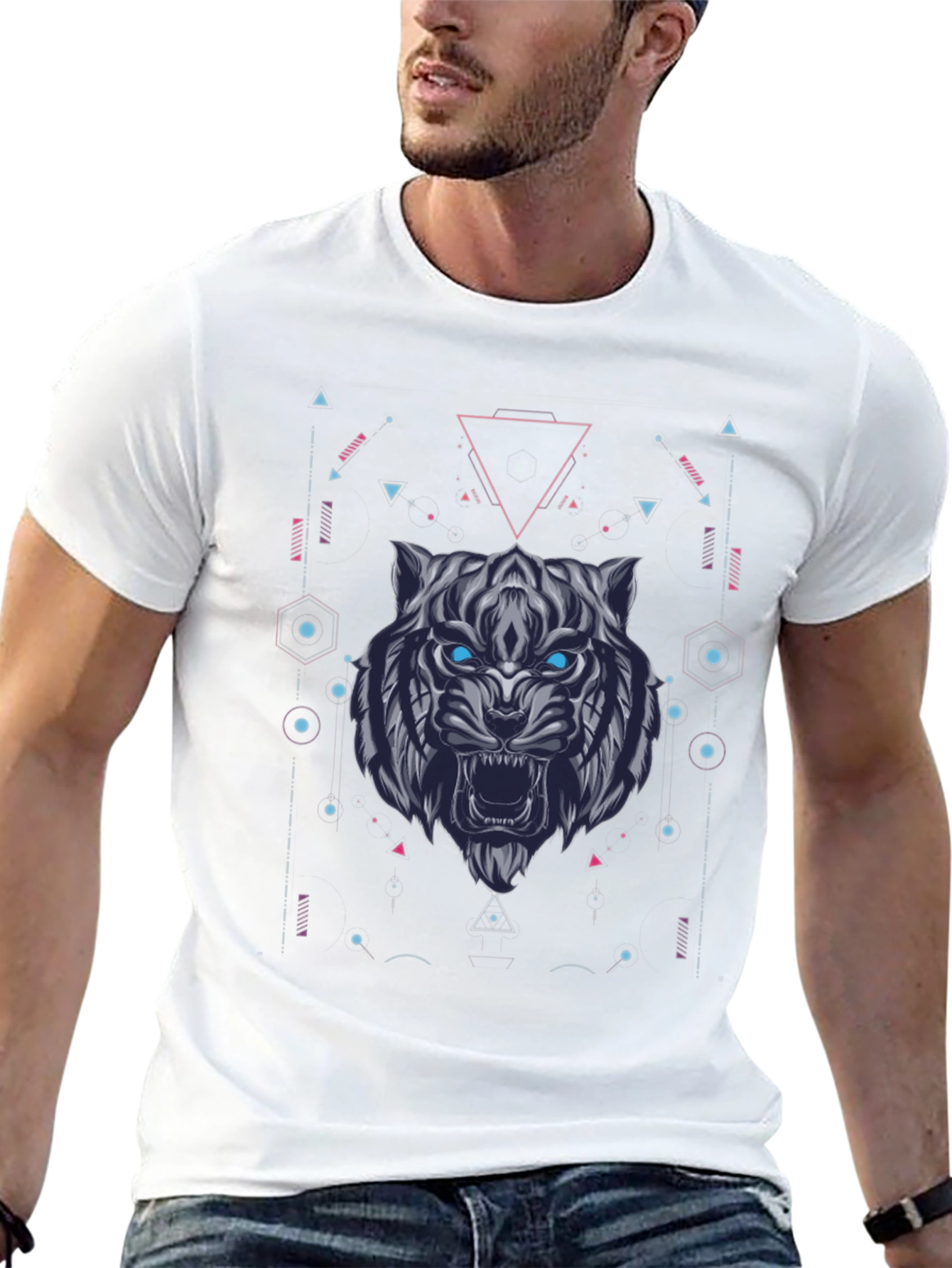 Geometric Tiger Graphic Tee - Black Cotton