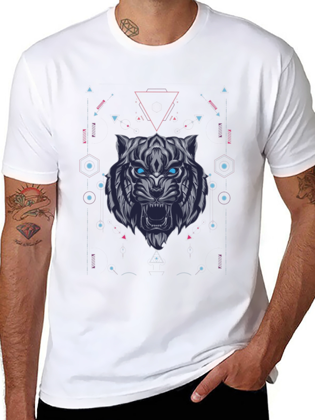 Geometric Tiger Graphic Tee - Black Cotton