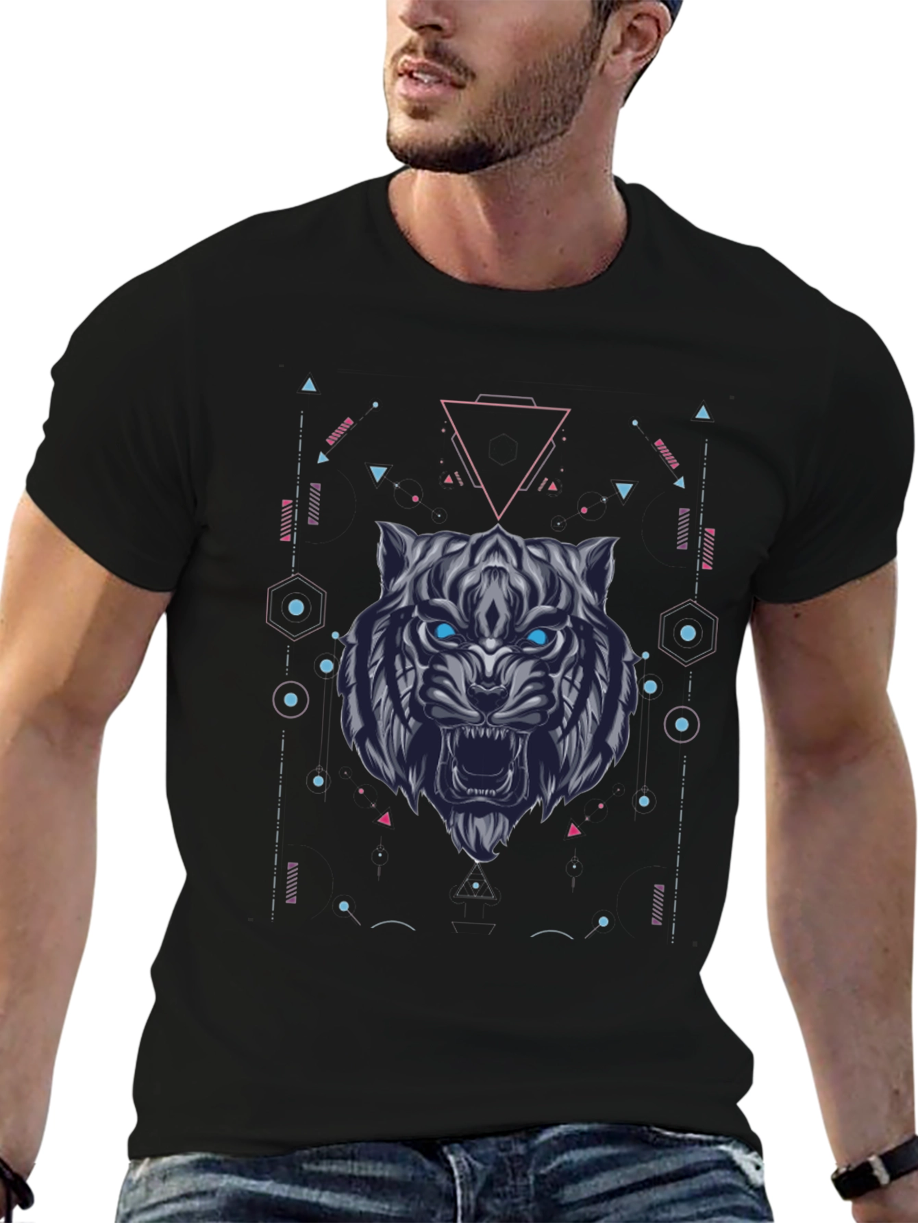 Geometric Tiger Graphic Tee - Black Cotton
