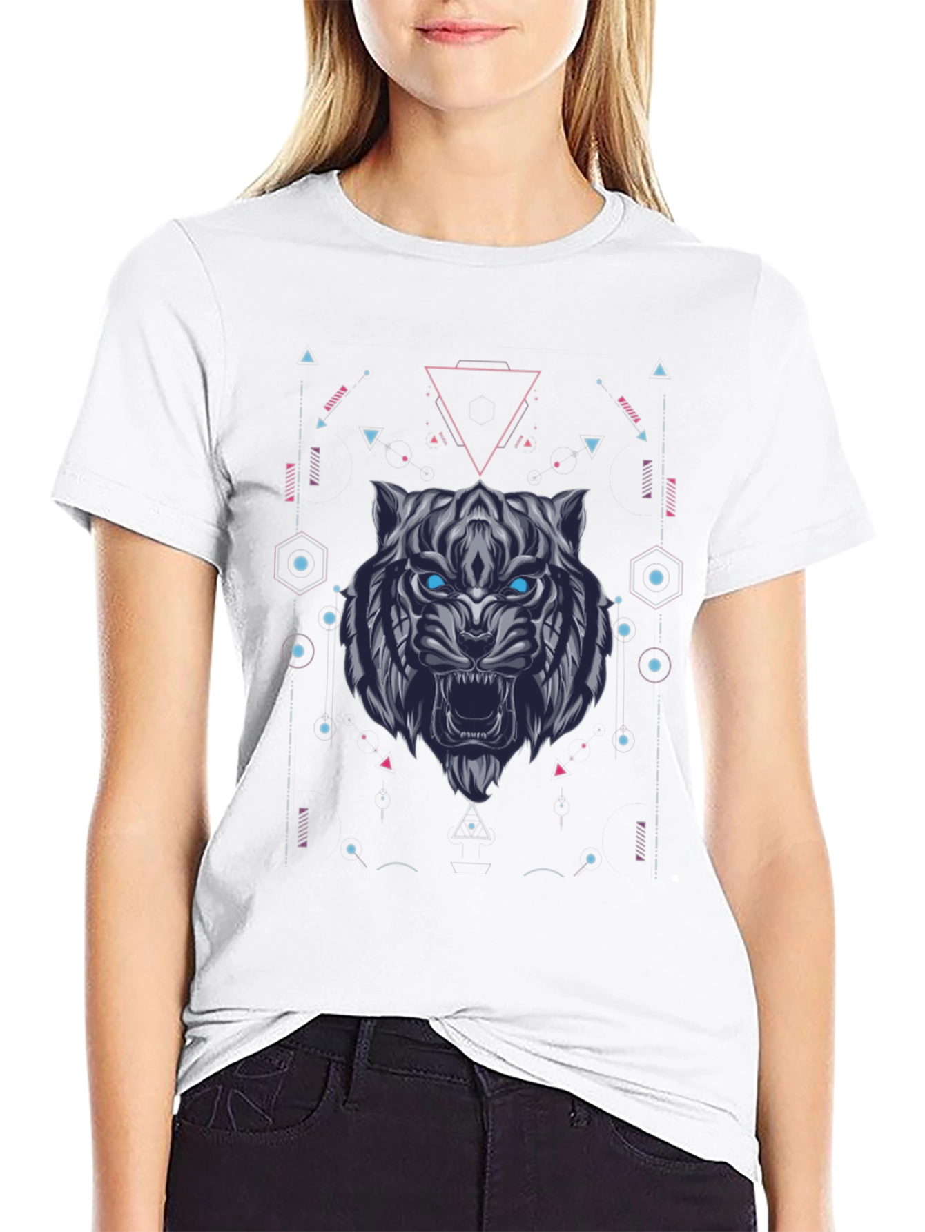 Geometric Tiger Graphic Tee - Black Cotton