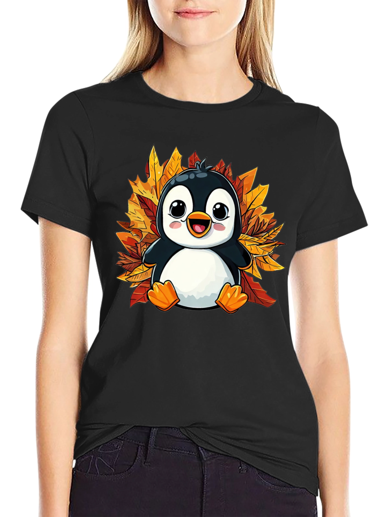 Cute Penguin Fall Leaves T-Shirt - Black