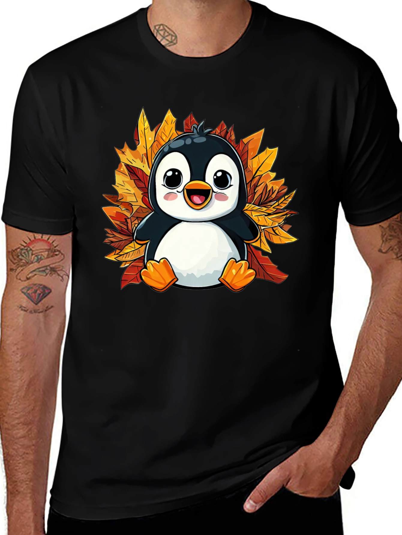 Cute Penguin Fall Leaves T-Shirt - Black