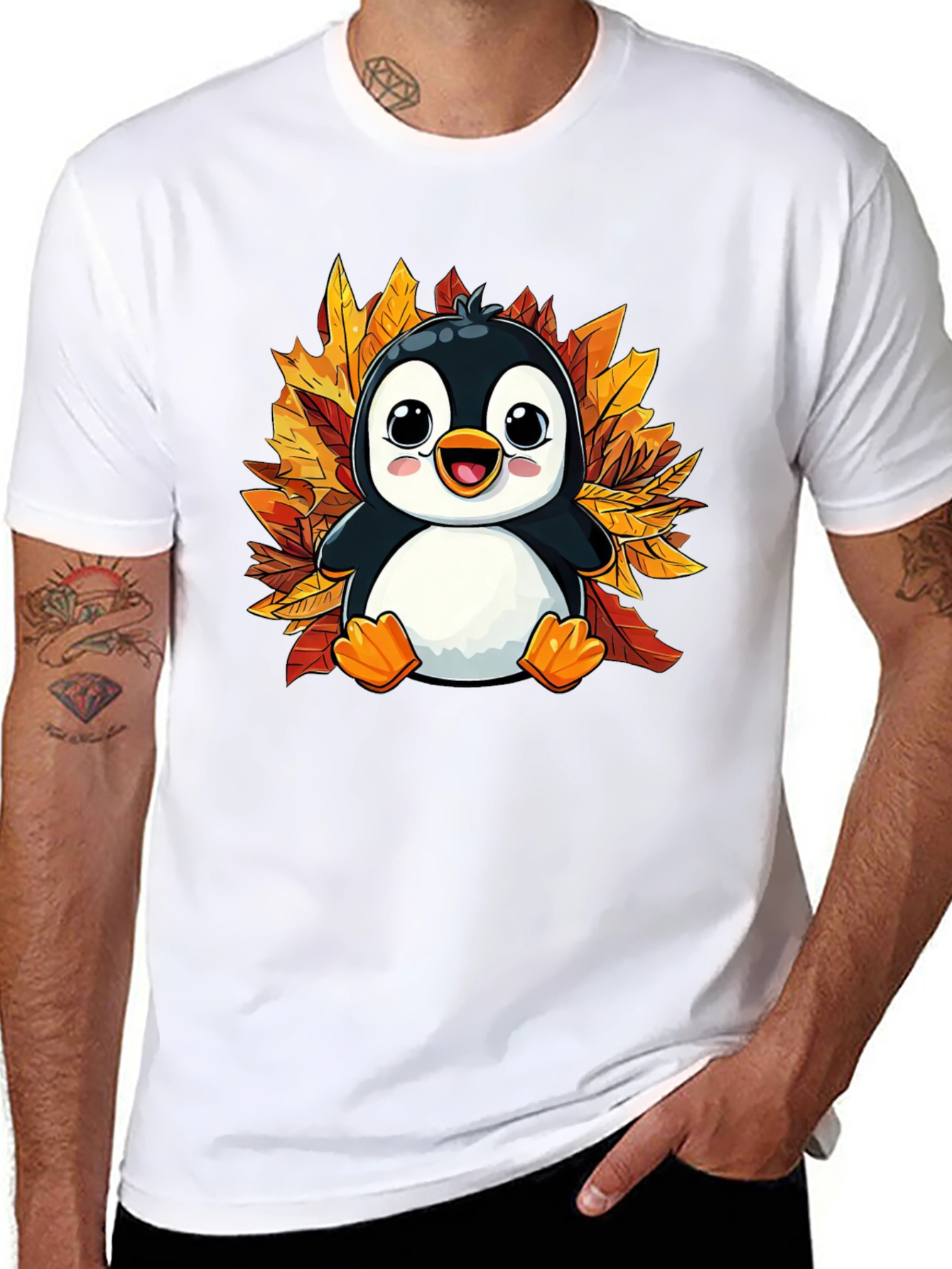 Cute Penguin Fall Leaves T-Shirt - Black