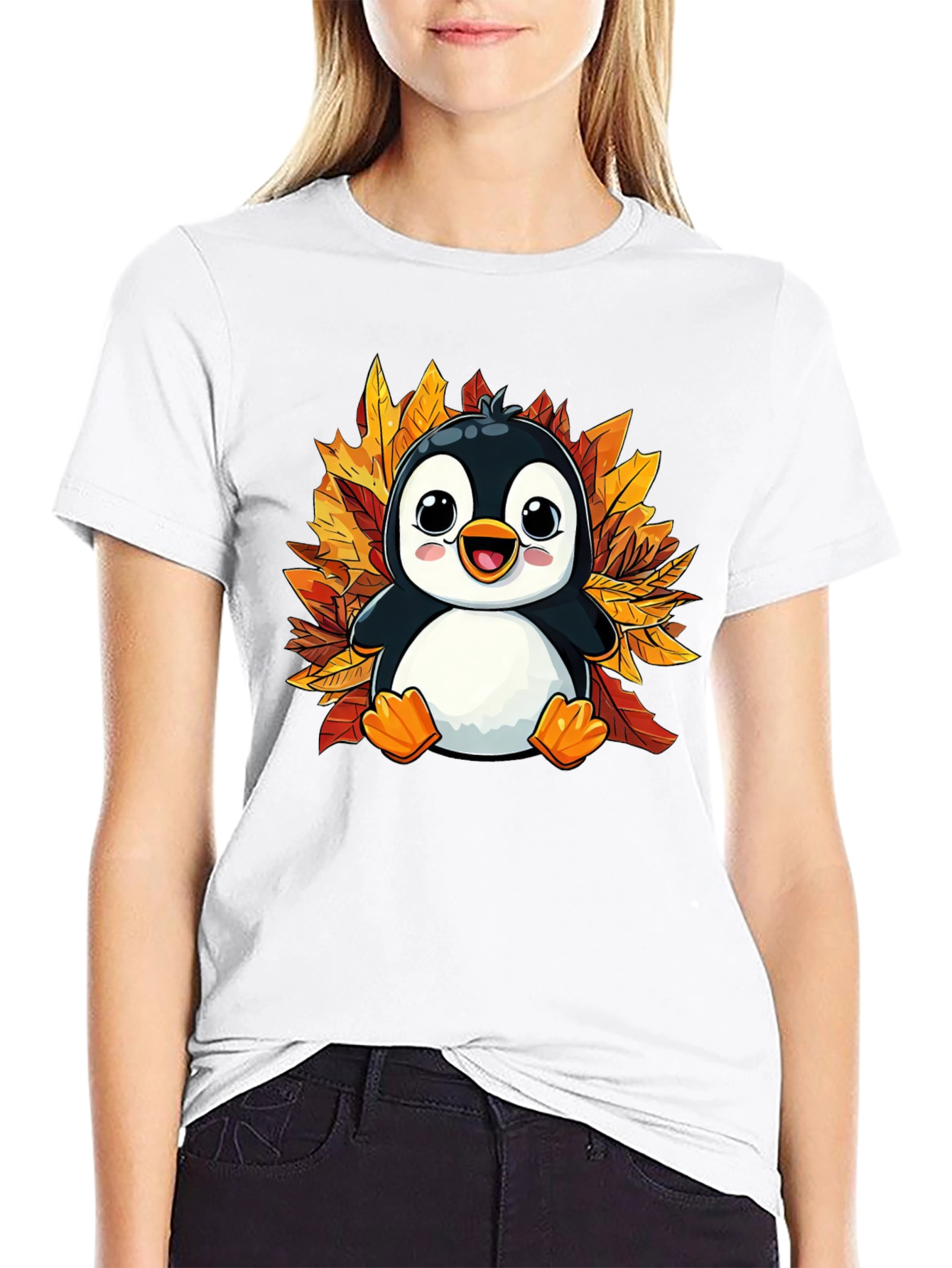 Cute Penguin Fall Leaves T-Shirt - Black