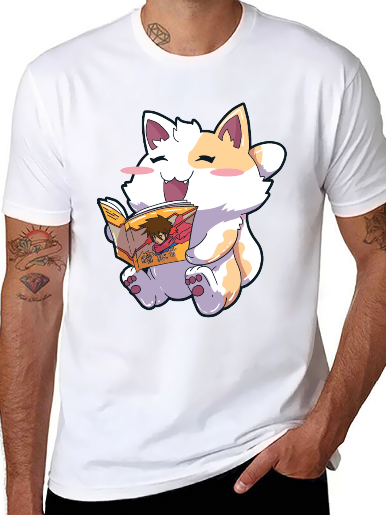 Reading Cat Graphic T-Shirt - Black