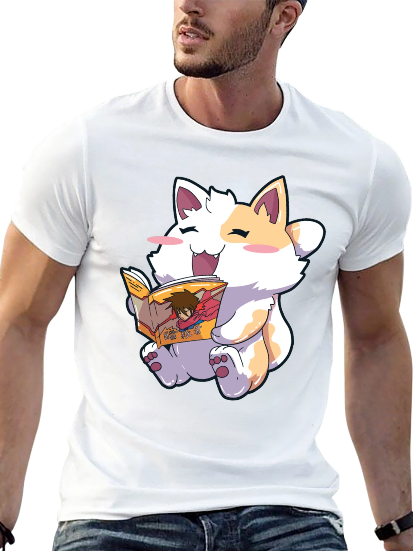 Reading Cat Graphic T-Shirt - Black