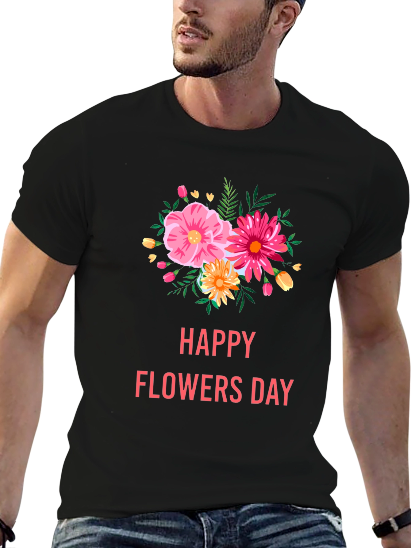 Floral Graphic Black T-Shirt - Happy Flowers Day