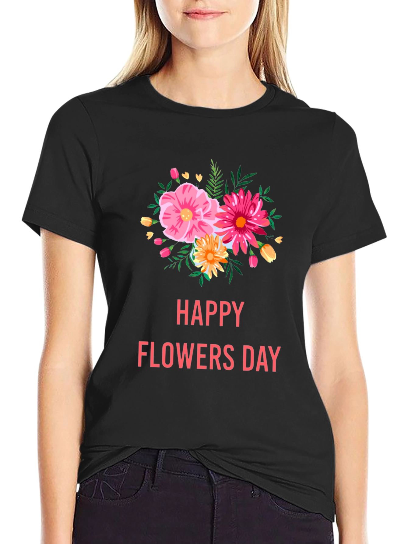 Floral Graphic Black T-Shirt - Happy Flowers Day