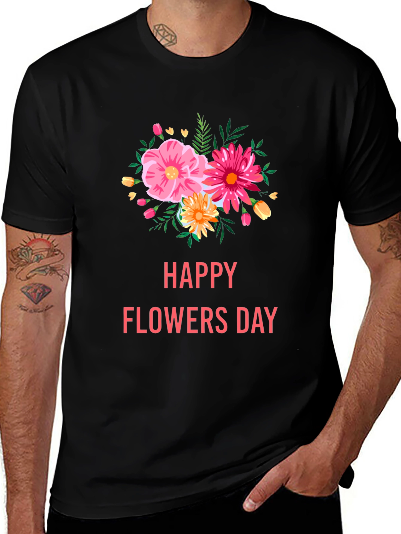 Floral Graphic Black T-Shirt - Happy Flowers Day
