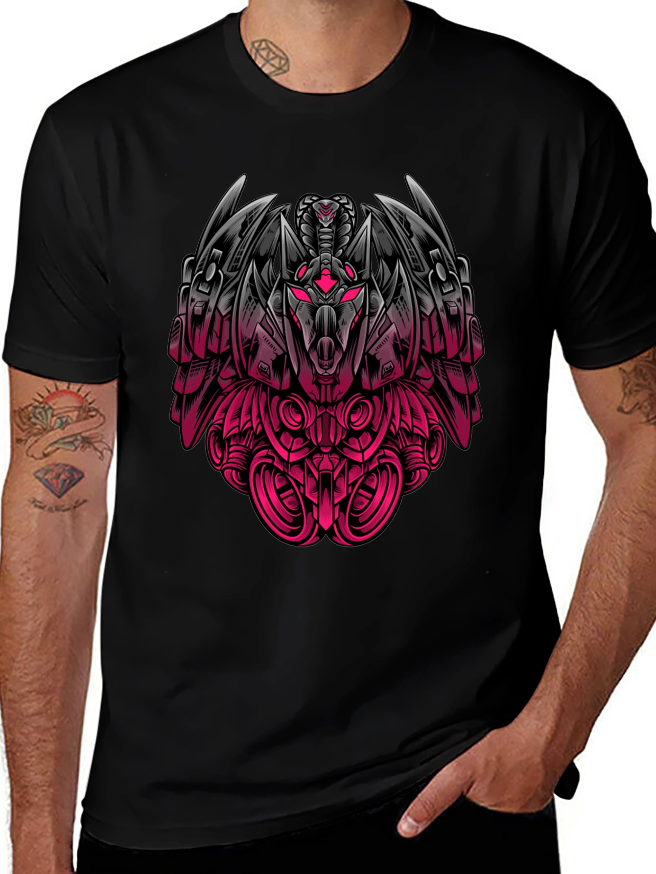 Robot Snake Graphic Print Black T-Shirt