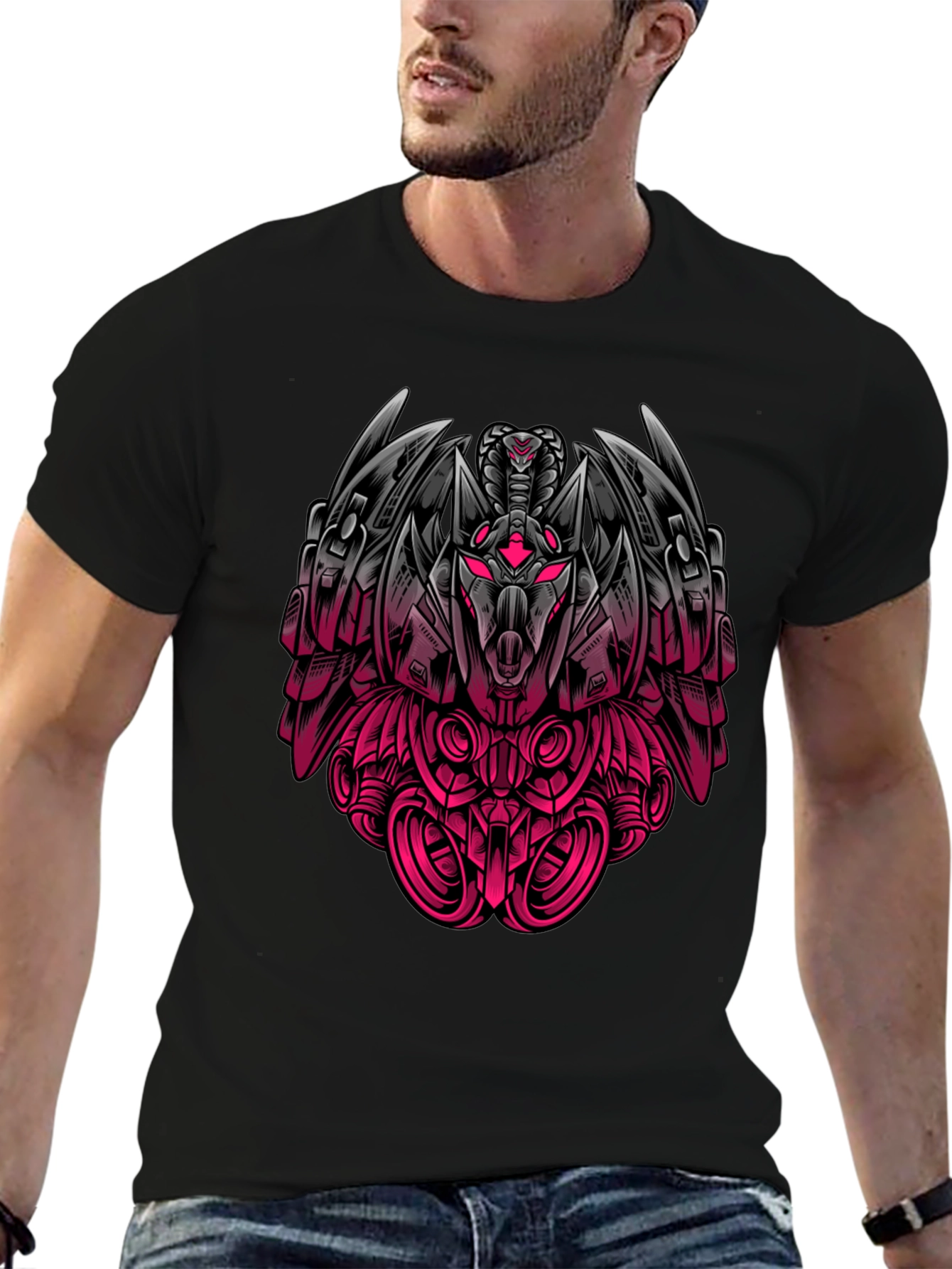 Robot Snake Graphic Print Black T-Shirt