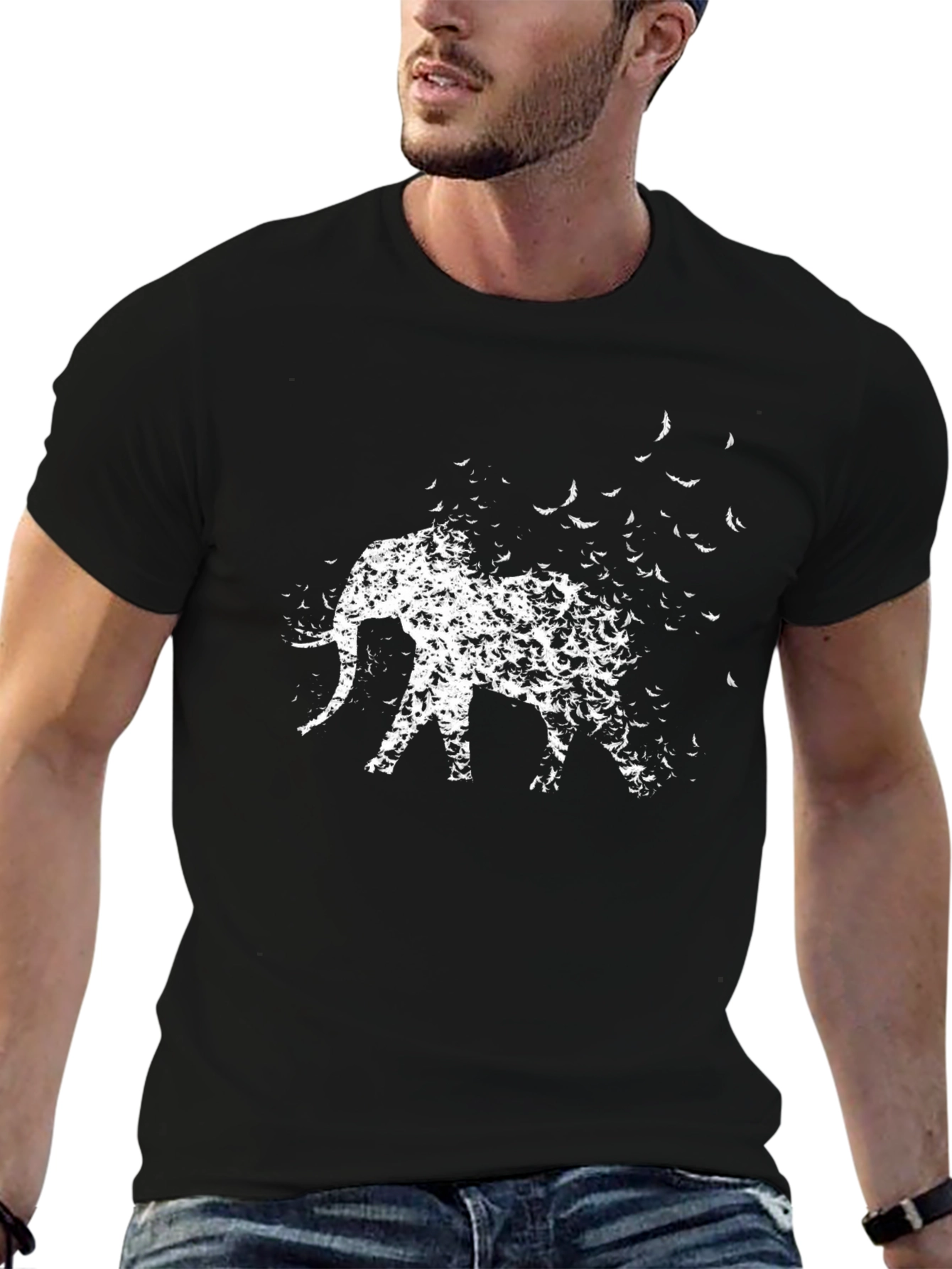 Elephant Bird Flock Graphic Tee - Black Cotton Blend