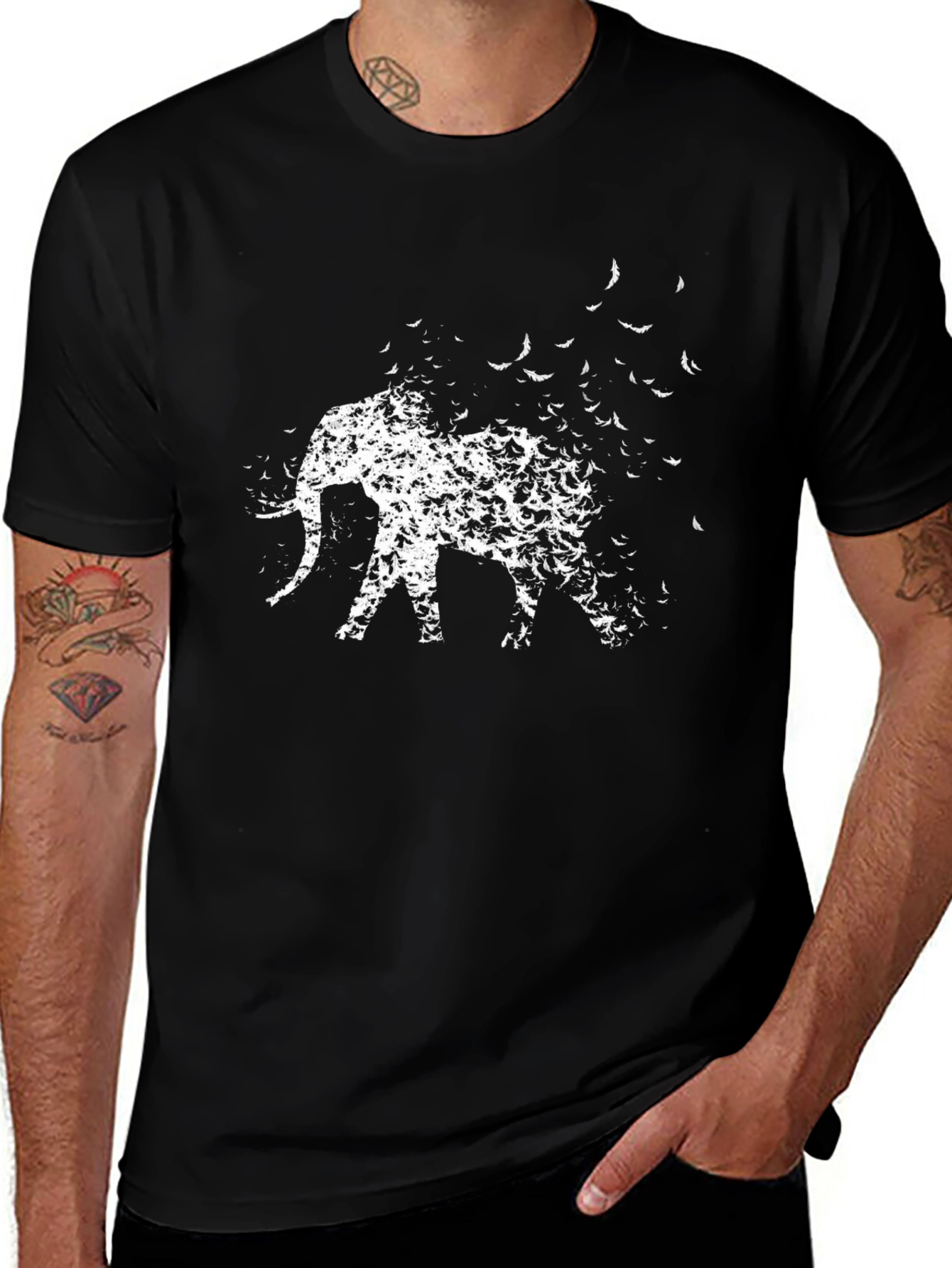 Elephant Bird Flock Graphic Tee - Black Cotton Blend