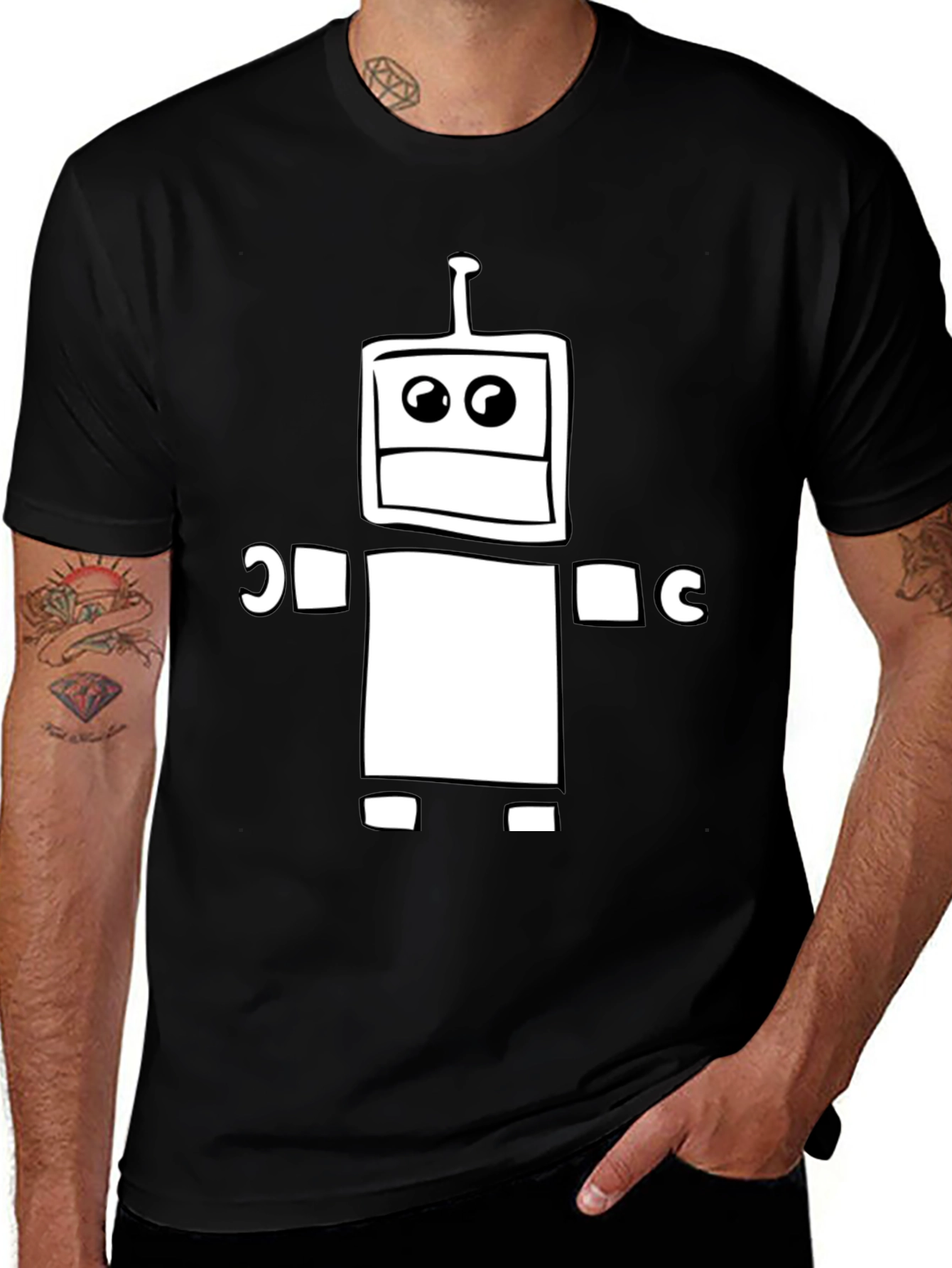 Robot Graphic Print Tee - Black Cotton Casual Shirt